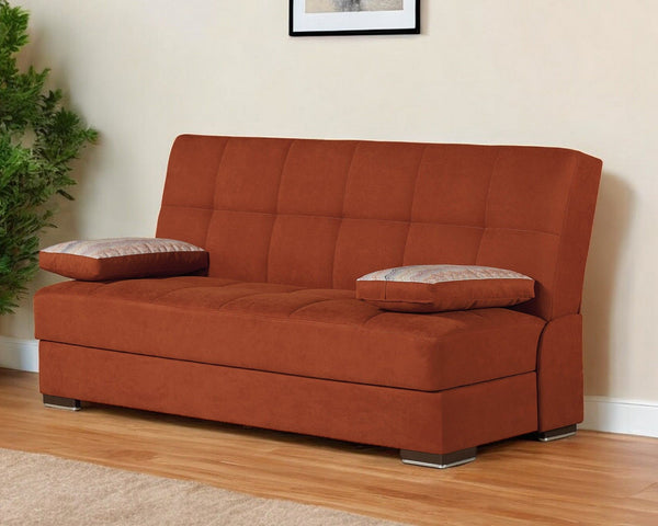 Chenille Sleeper Sofa And Toss Pillows With Brown Legs - Red