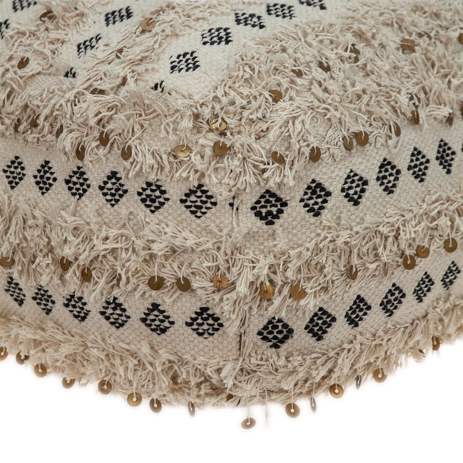 Cotton Blend Abstract Pouf Ottoman - Beige