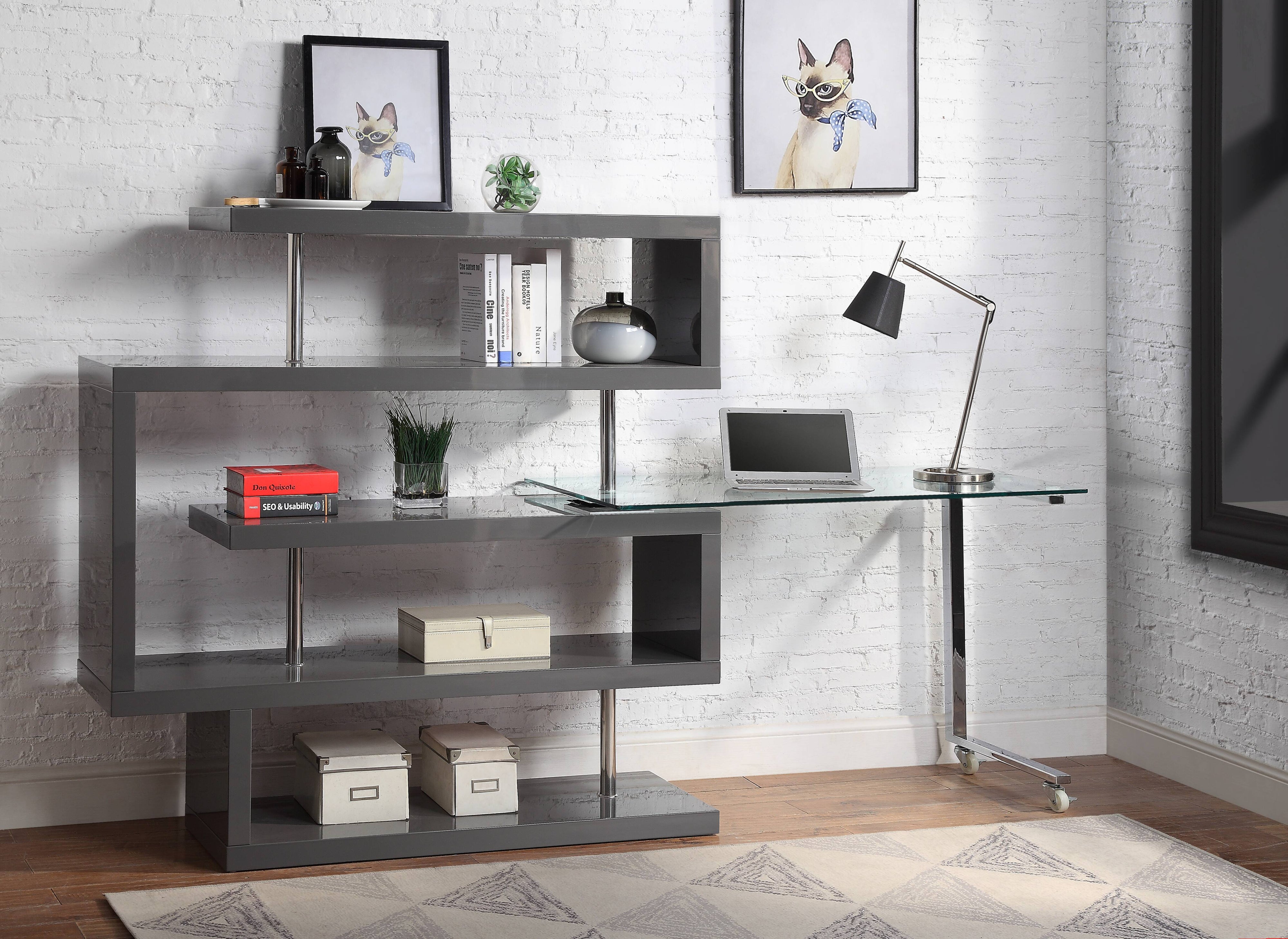 Buck II - Clear Glass, Chrome High Gloss Writing Desk With Shelf