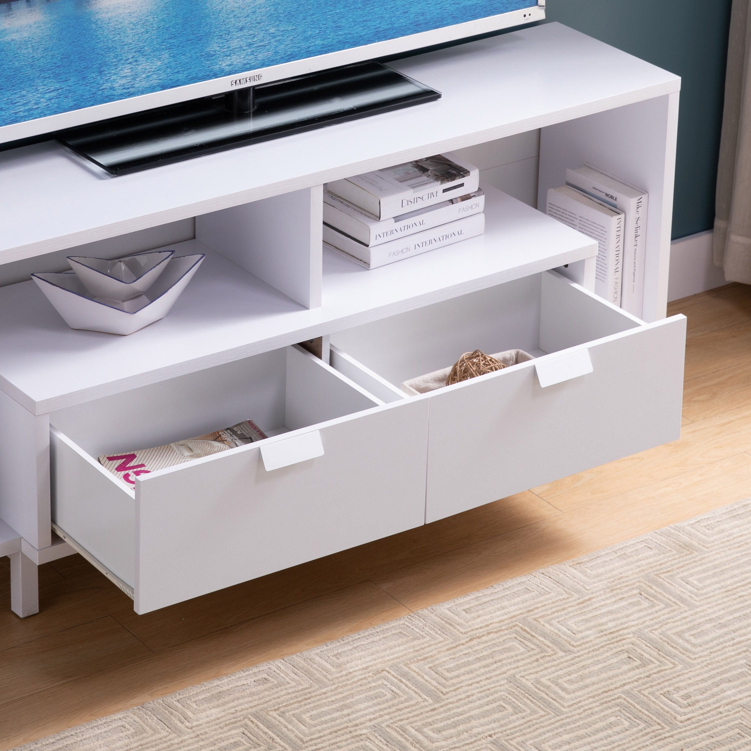 TV Stand With Wire Cutouts And U-Legs - White