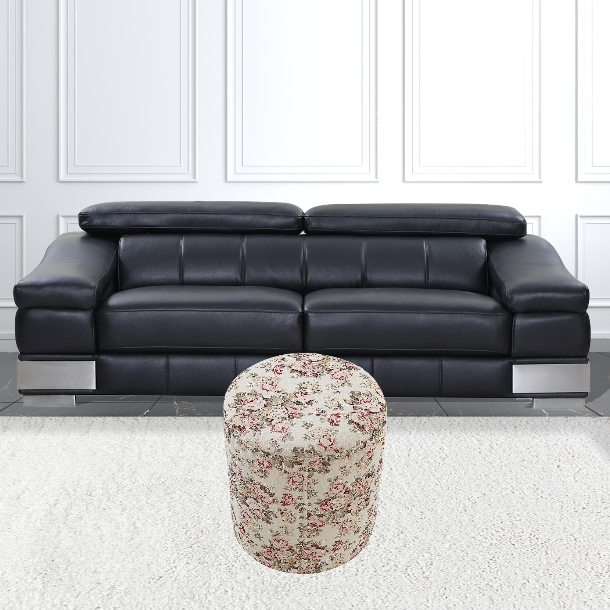 Linen Round Floral Ottoman - Ivory