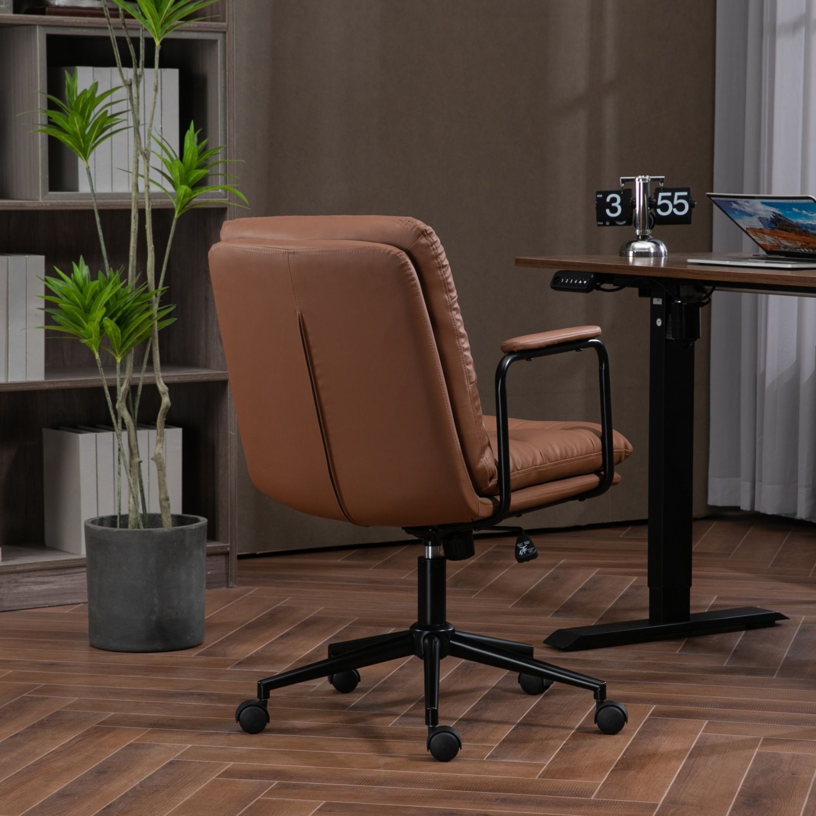 Office Chair, Mid Back Home Office Desk Task Chair With Wheels And Arms Ergonomic PU Leather Computer Rolling Swivel Chair With Padded Armrest