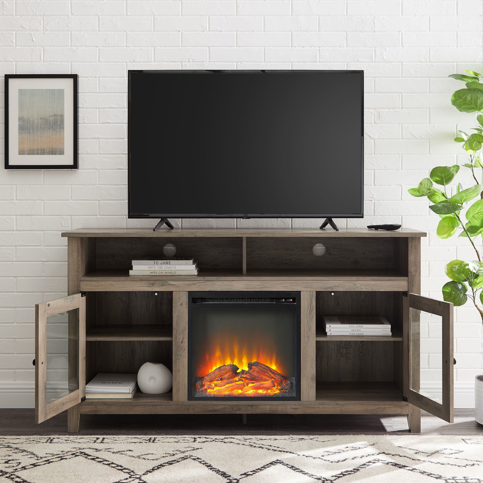 Transitional Electric Fireplace Wood And Glass TV Stand For TVs Up To 65" - Gray Wash