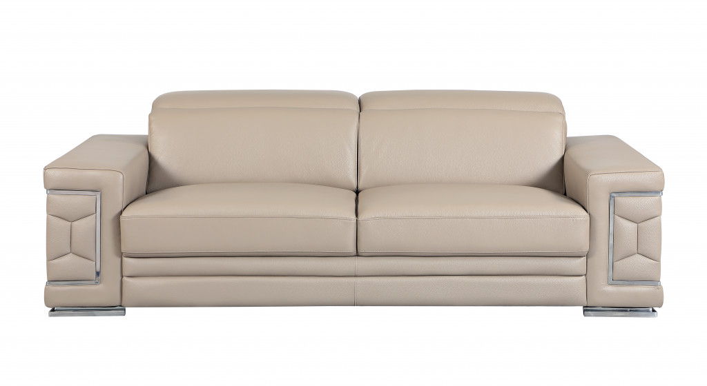 Italian Leather Sofa & Silver Legs - Beige