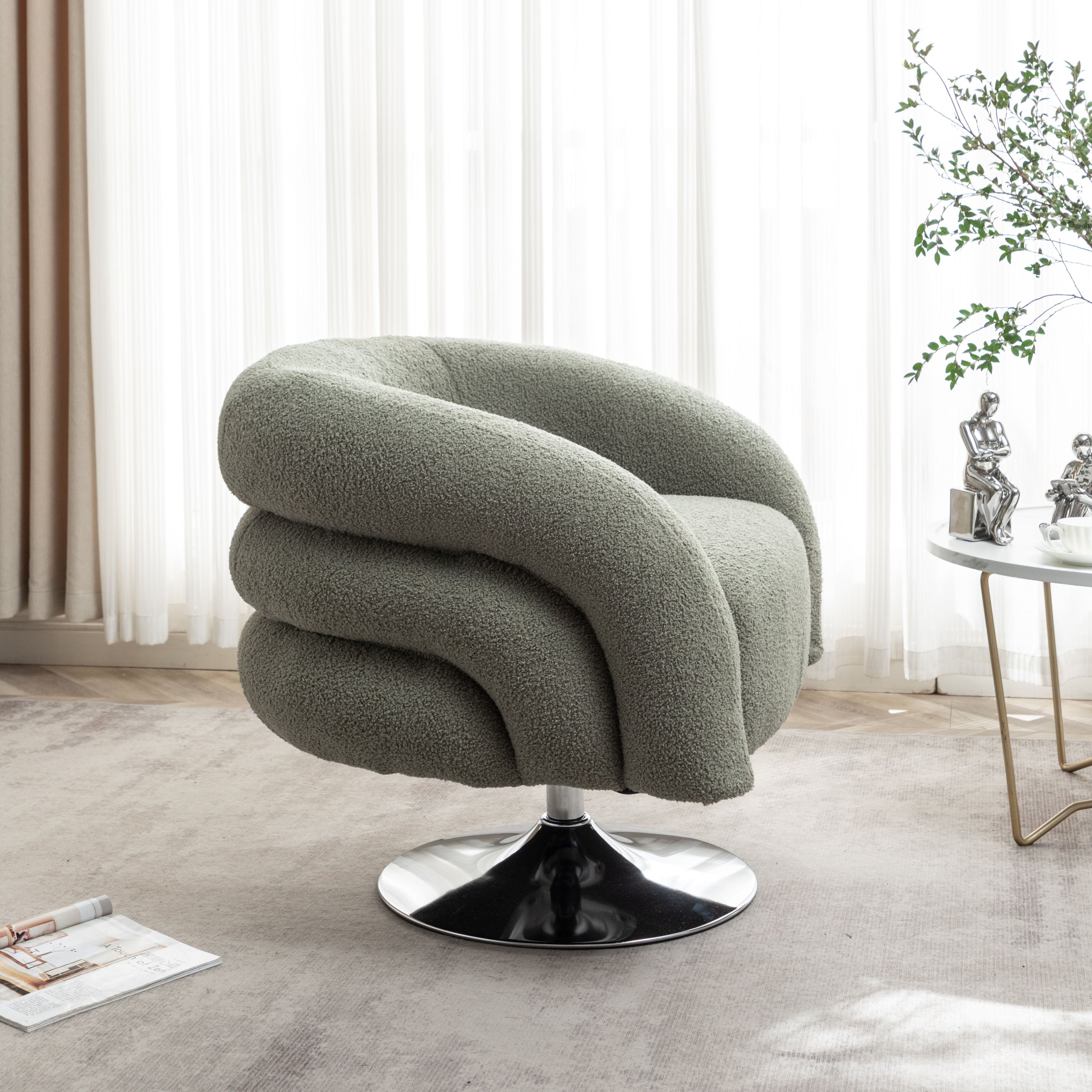 Modern Style Single Swivel Sofa Chair, Teddy Upholstered Single Sofa With Round And Fluffy Reading Chair, Suitable For Living Room