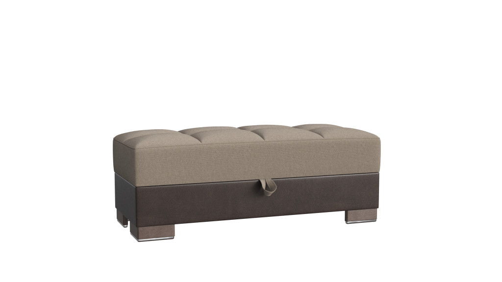 Chenille Faux Leather Tufted Storage Ottoman - Beige / Brown