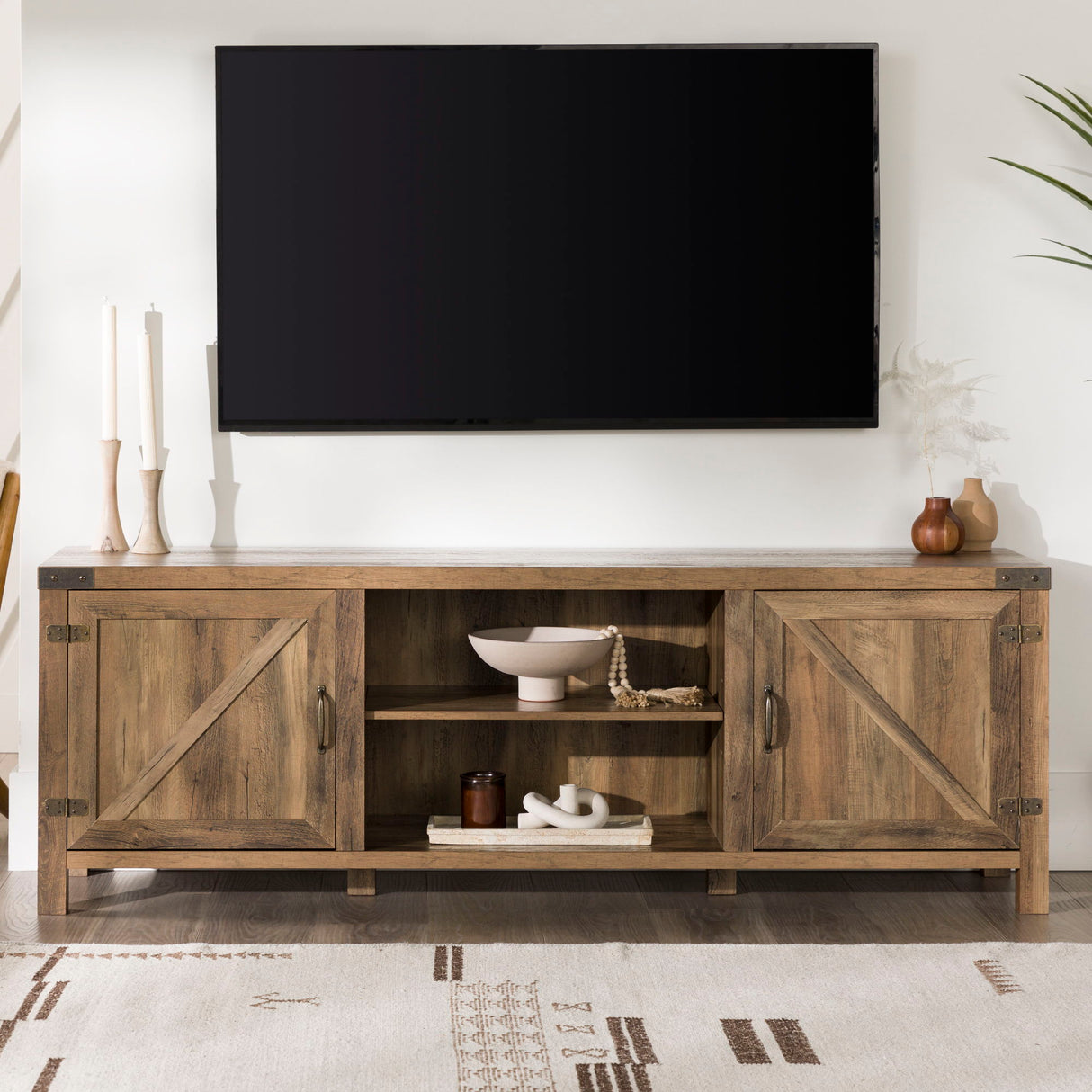 Rustic Farmhouse Double Barn Door 70" TV Stand For 80" TVs With Center Shelves by Walker Edison | Bel Furniture