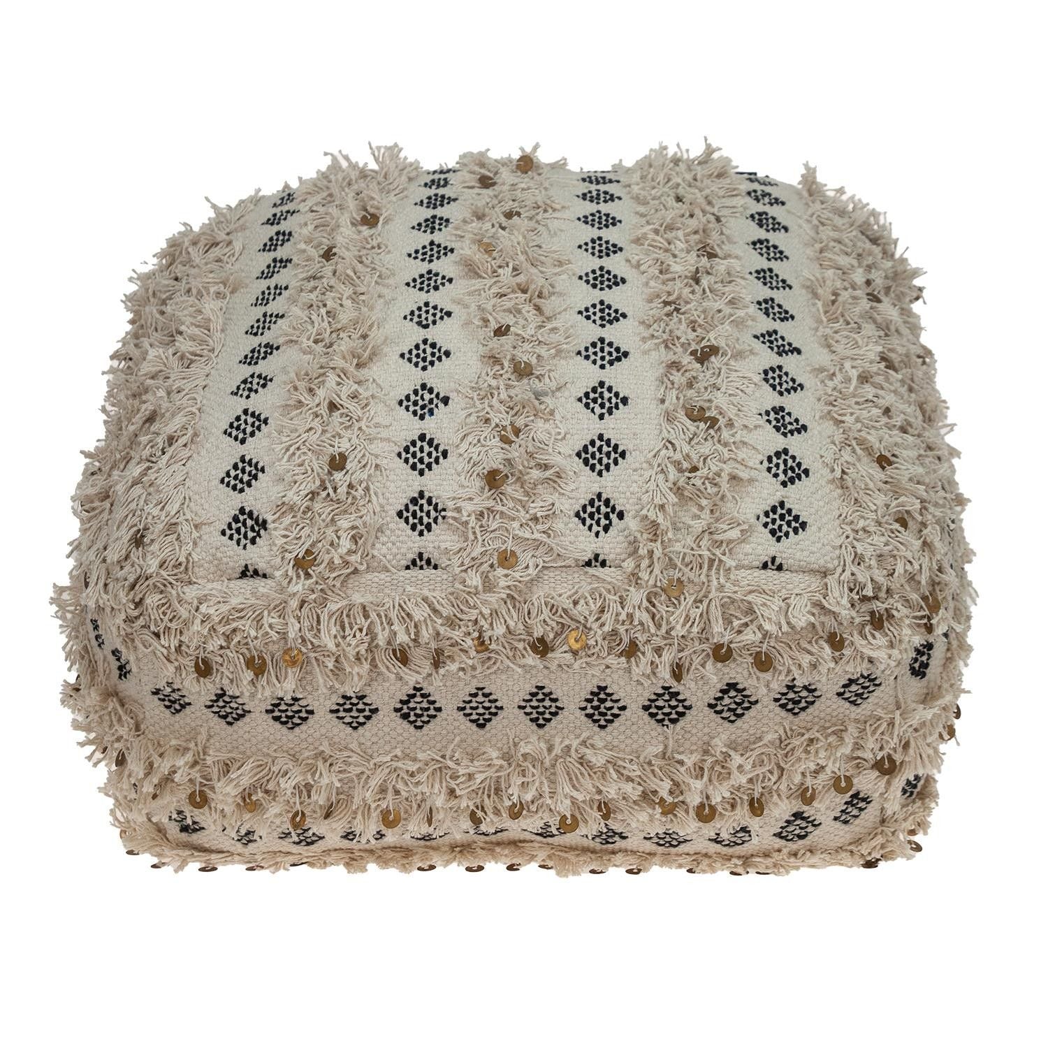 Cotton Blend Abstract Pouf Ottoman - Beige