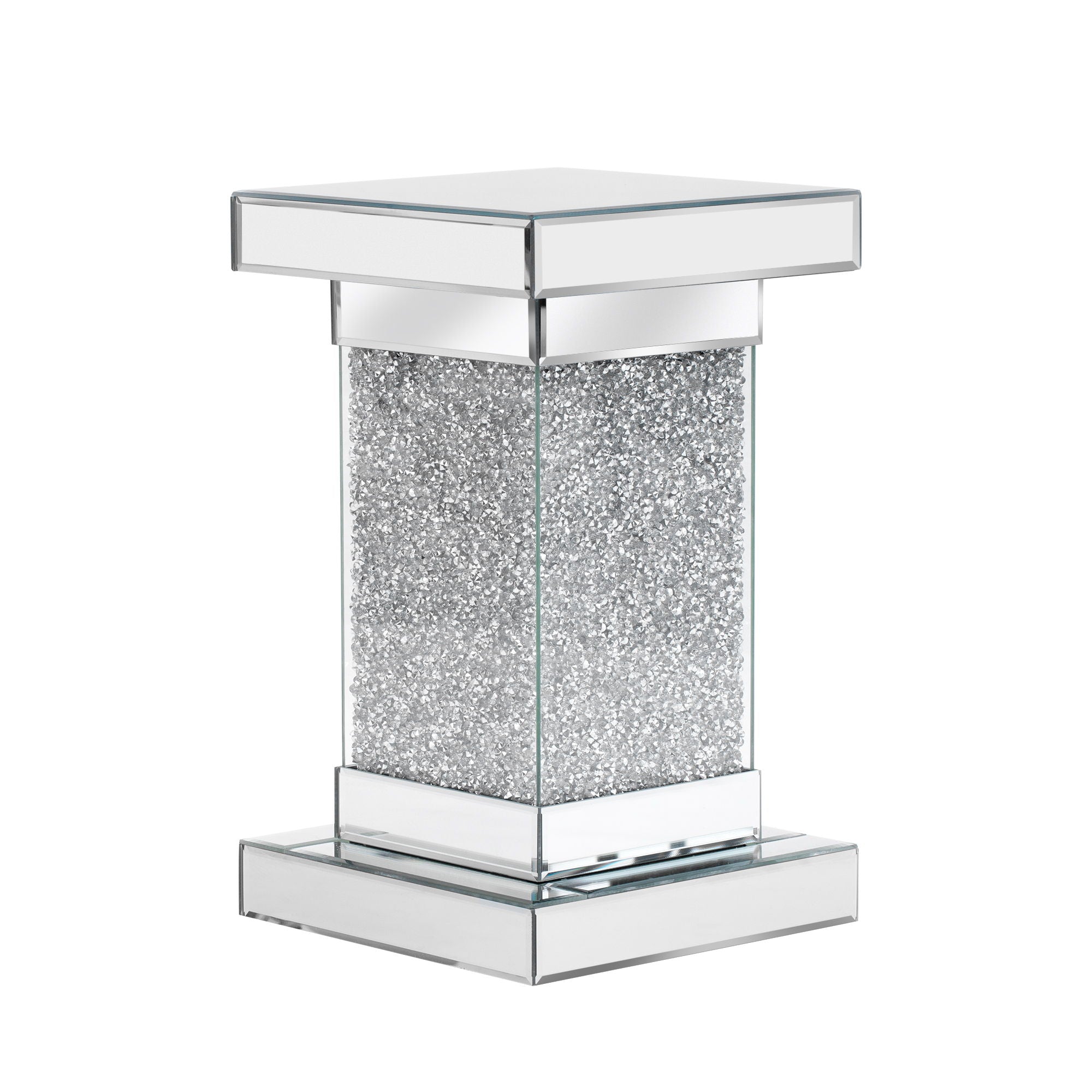 Square Mirrored End Table With Led Lights, Modern Side Table With Crystal Inlay For Living Room