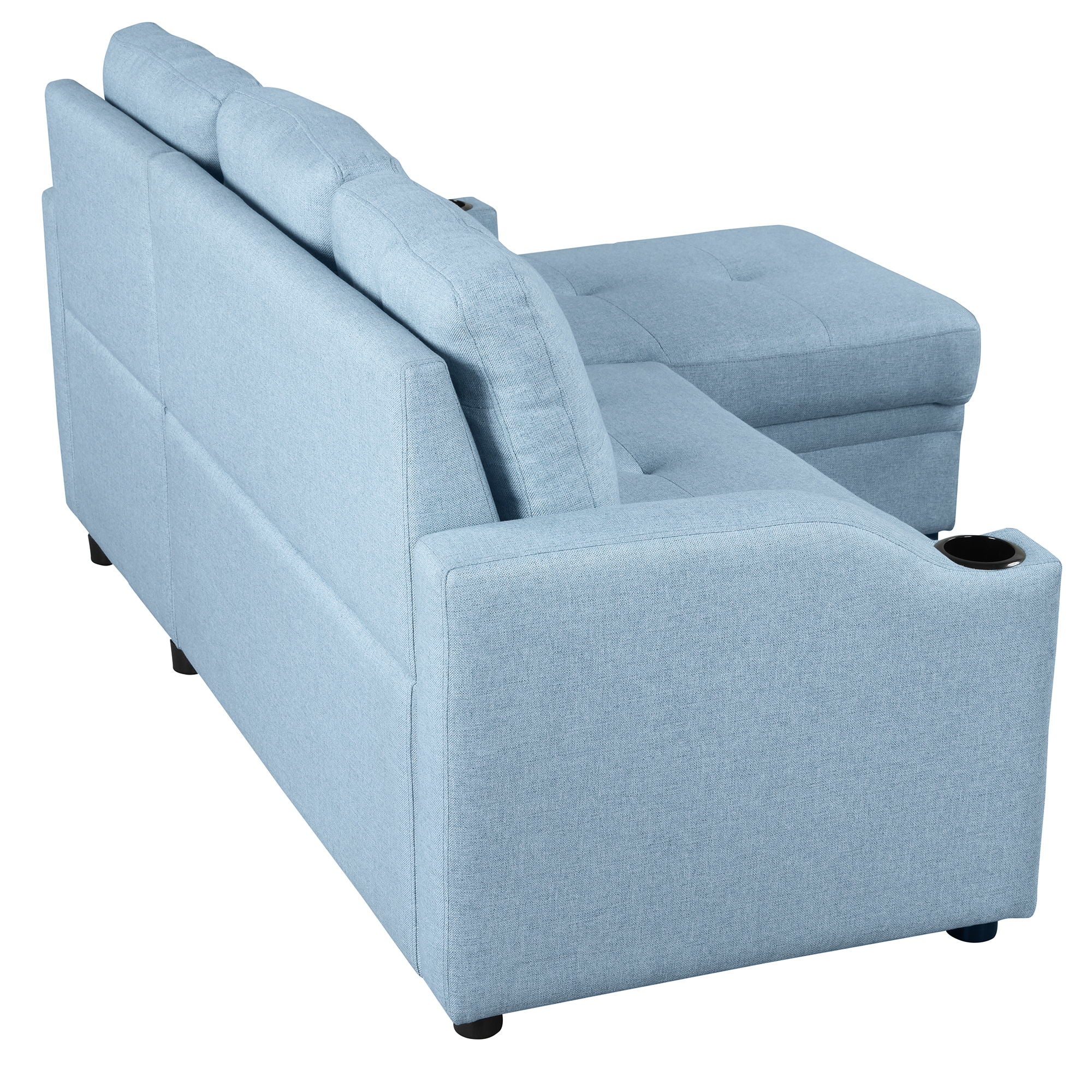 Pull Out Sofa Bed Modern Padded Upholstered Sofa Bed, Linen Fabric 3 Seater Couch With Storage Chaise And Cup Holder, Small Couch For Small Spaces