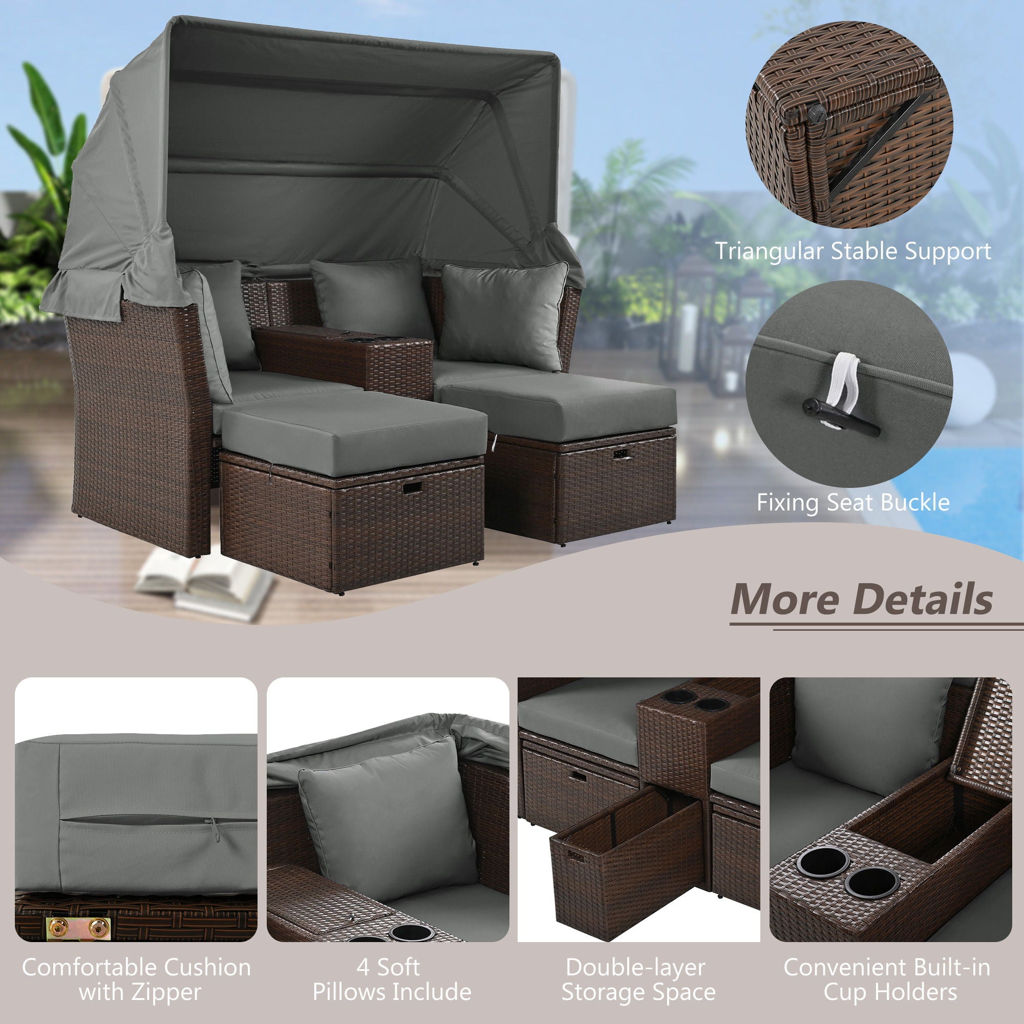 2 Seater Outdoor Patio Daybed Outdoor Double Daybed Outdoor Loveseat Sofa Set With Foldable Awning And Cushions For Garden, Balcony, Poolside