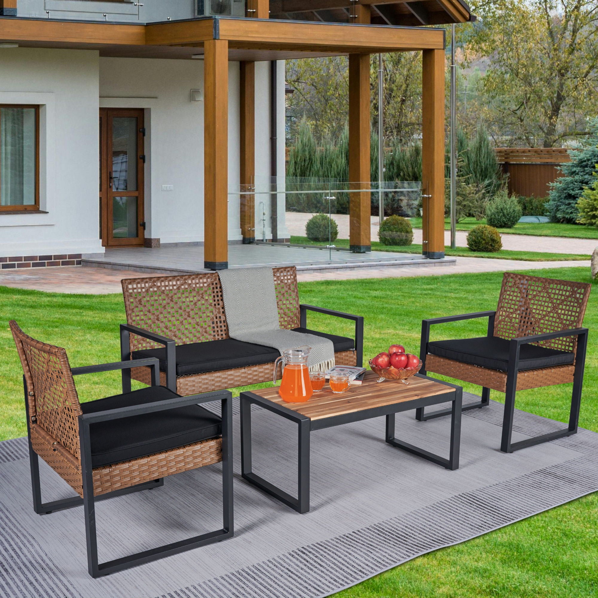 4 Piece Patio Furniture Set Outdoor Balcony Porch Garden Backyard Lawn Furniture Acacia Wood Table Top, Morden - Black And Light Brown