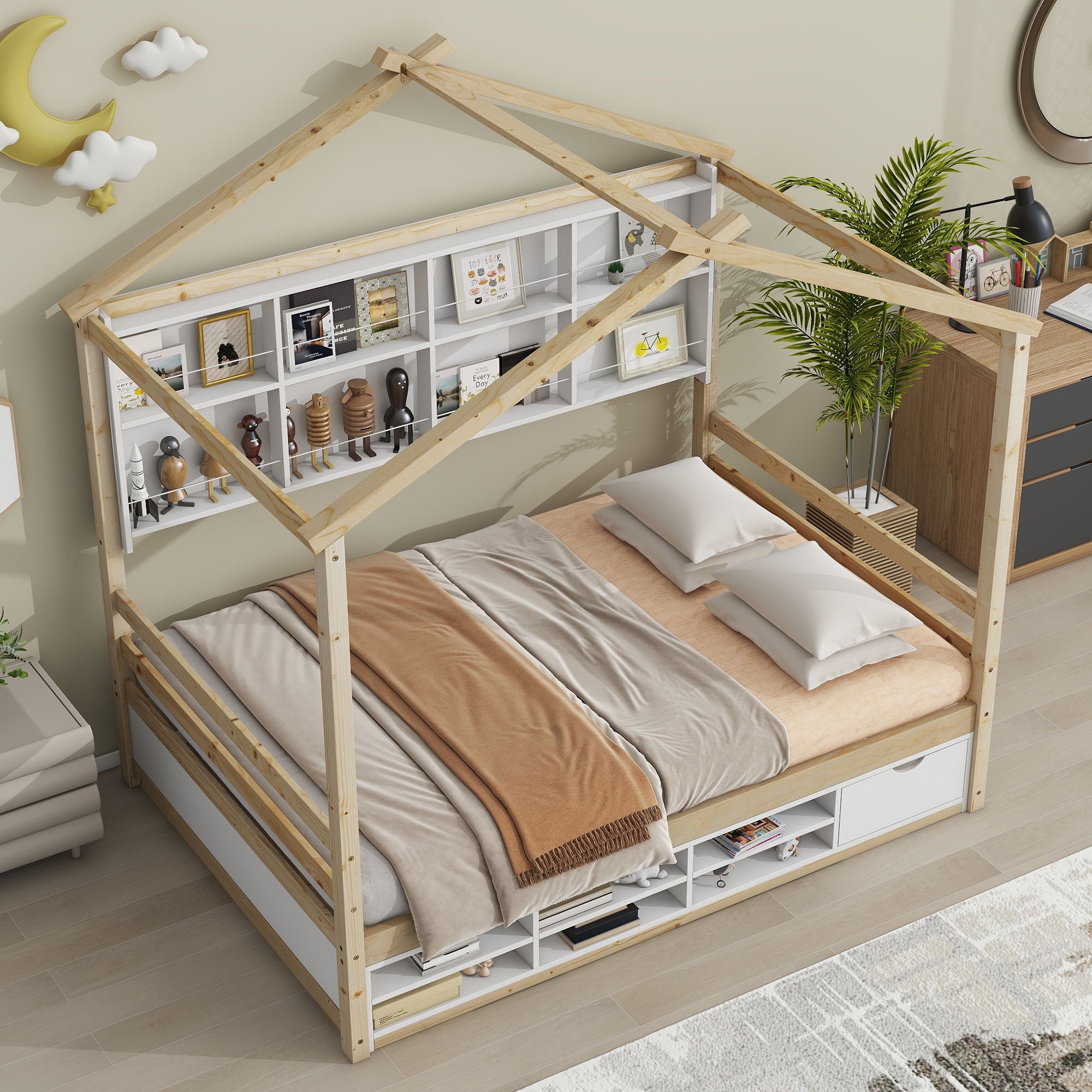 House Bed With Roof Frame, Bedside-Shelves, Under Bed Storage Unit