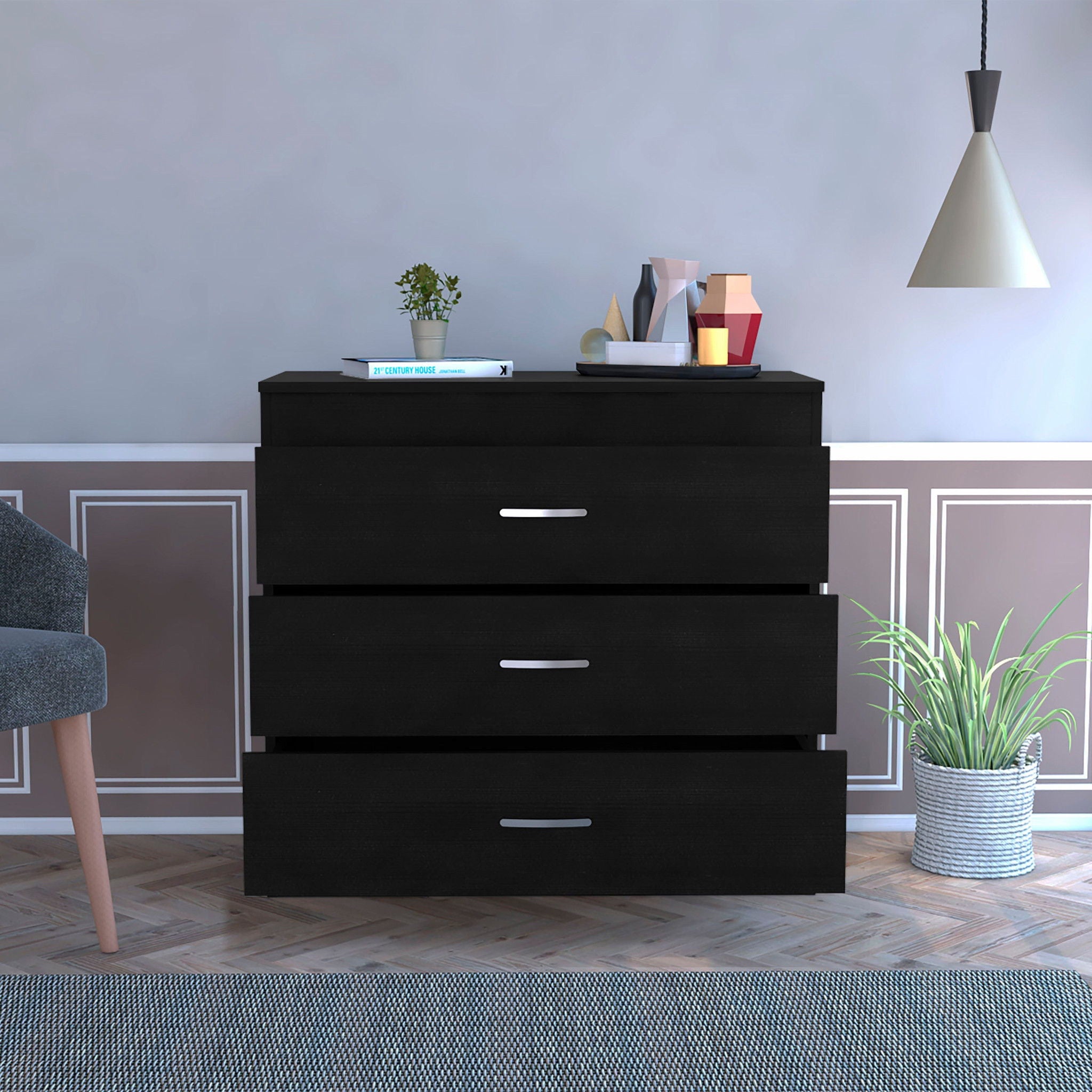 Three Drawer Dresser Wooden - Black