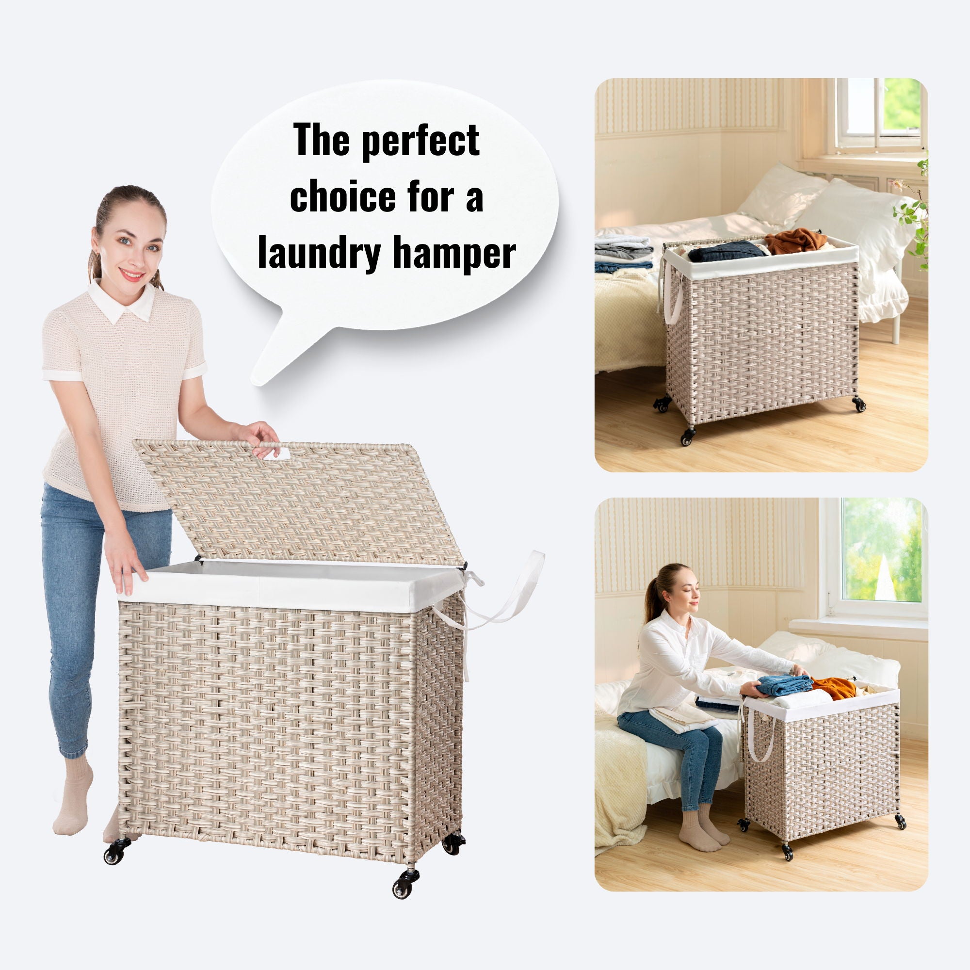 Laundry Hamper With Lid PE Rattan Powder Coating Frame Clothes Hampers With 2 Removable Bags