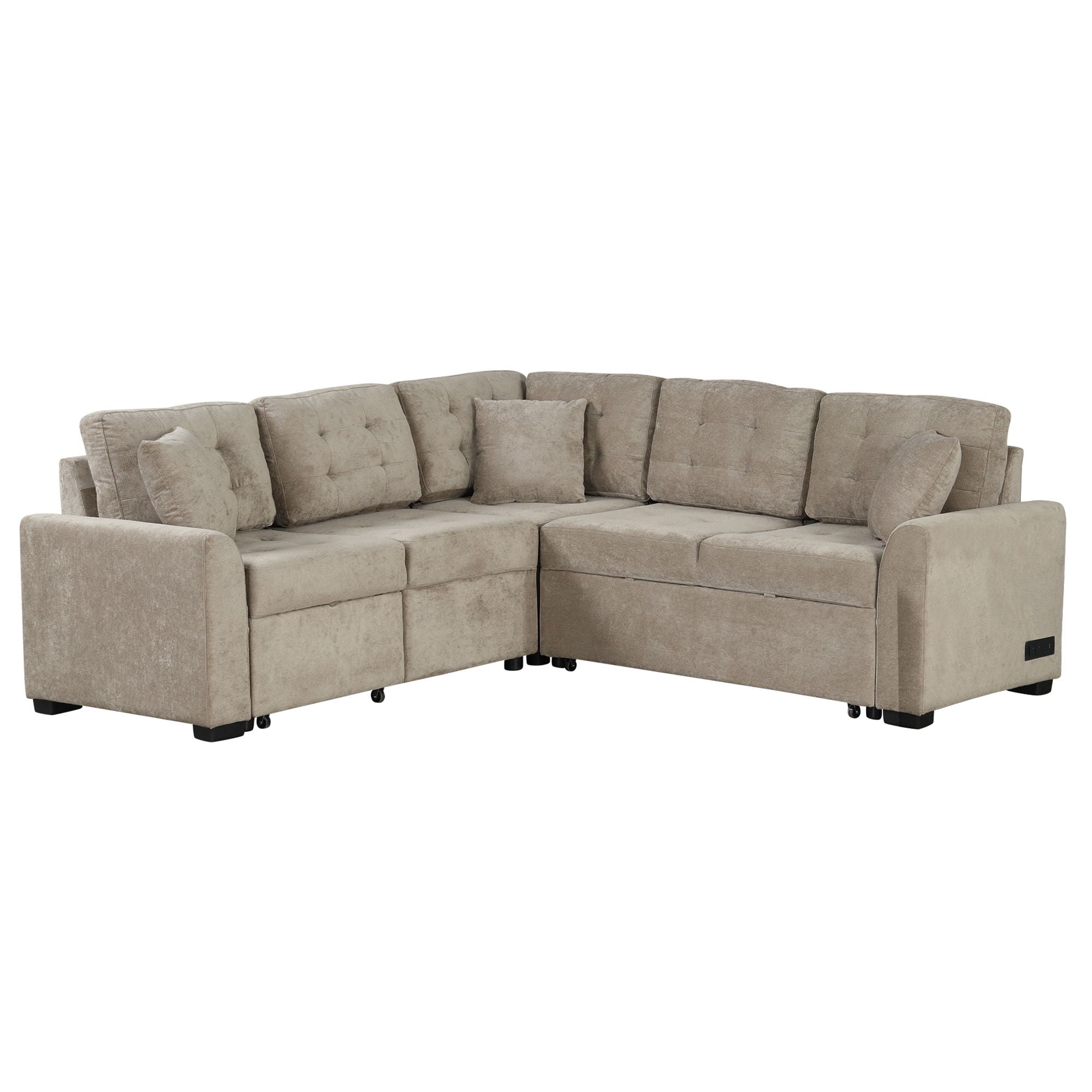 L-Shape Sofa Bed Pull-Out Sleeper Sofa With Wheels, USB Ports, Power Sockets For Living Room