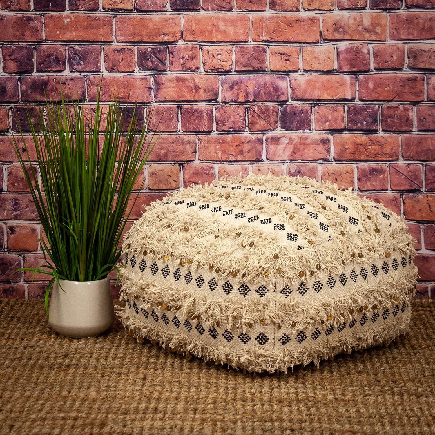 Cotton Blend Abstract Pouf Ottoman - Beige