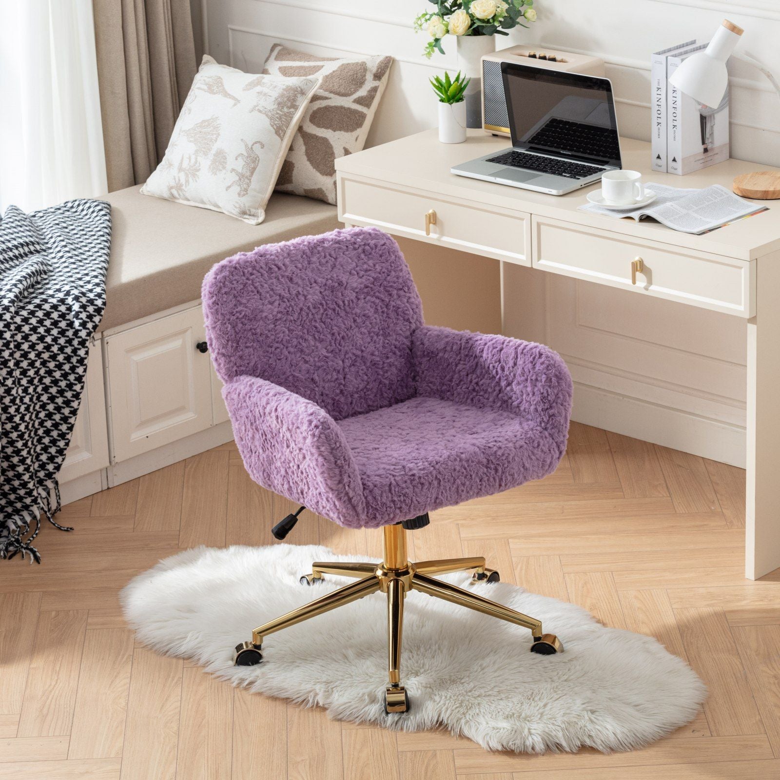 Office Chair, Artificial Rabbit Hair Home Office Chair With Golden Metal Base, Adjustable Desk Chair Swivel Office Chair, Vanity Chair