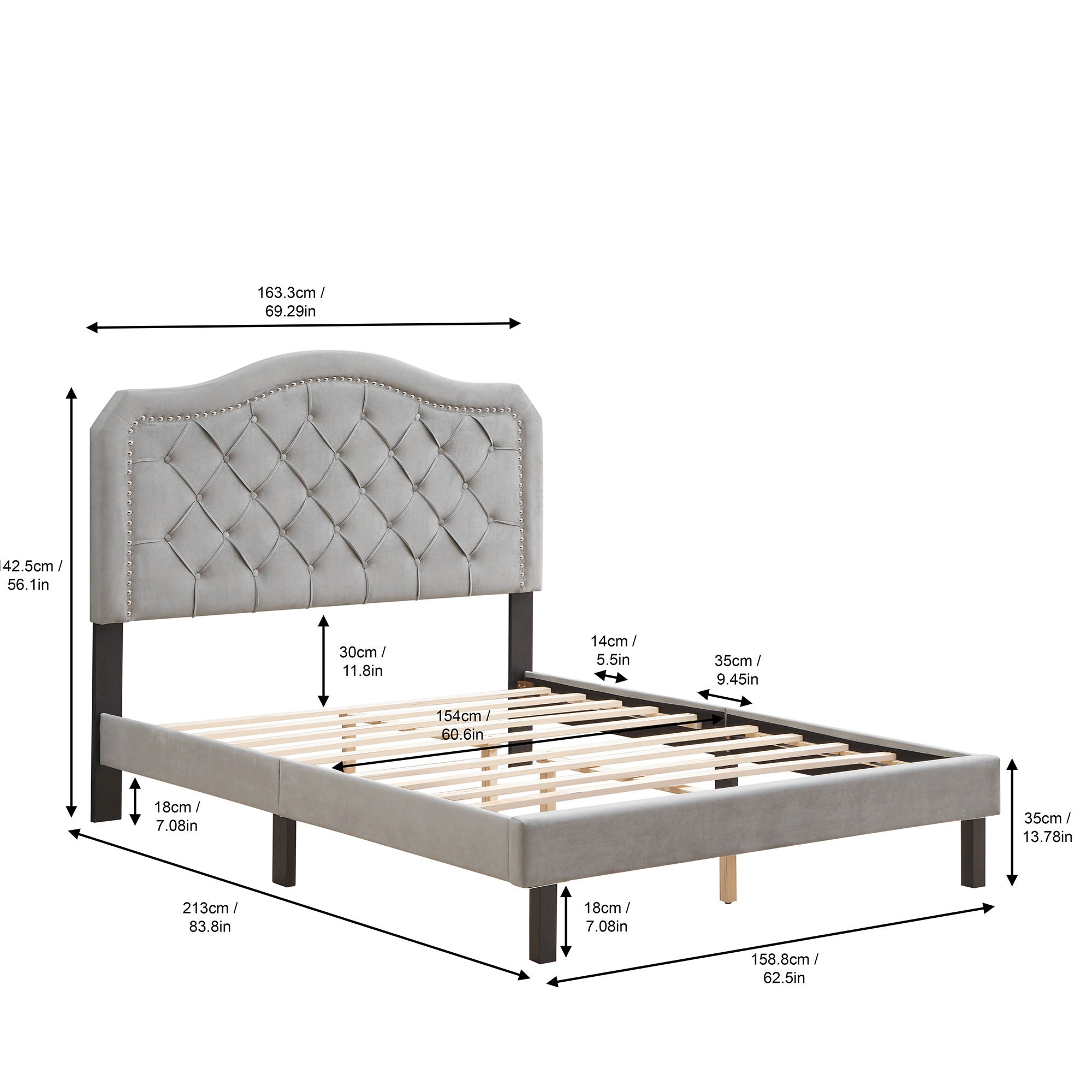 Queen Platform Upholstered Bed Button Tufted With Curve Design, Strong Wood Slat Support - Gray