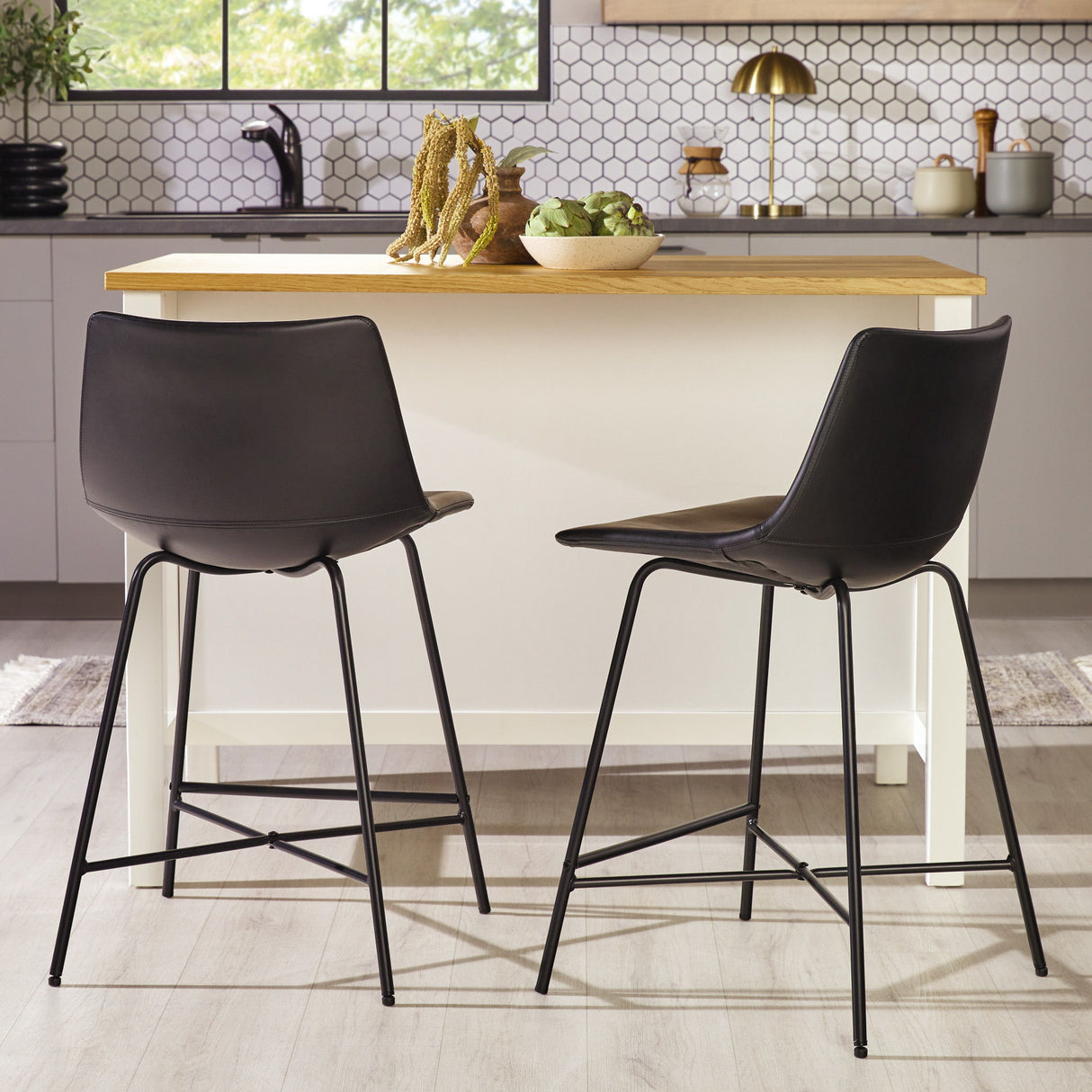 Modern Upholstered Counter Stool With Metal X Base (Set of 2) - Black by Walker Edison | Bel Furniture