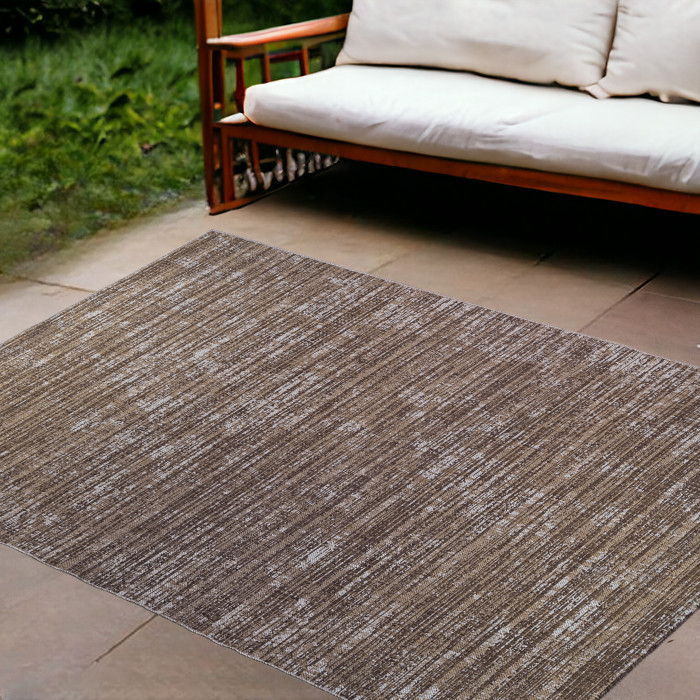 8' X 10' Striped Stain Resistant Indoor / Outdoor Area Rug - Brown / Ivory