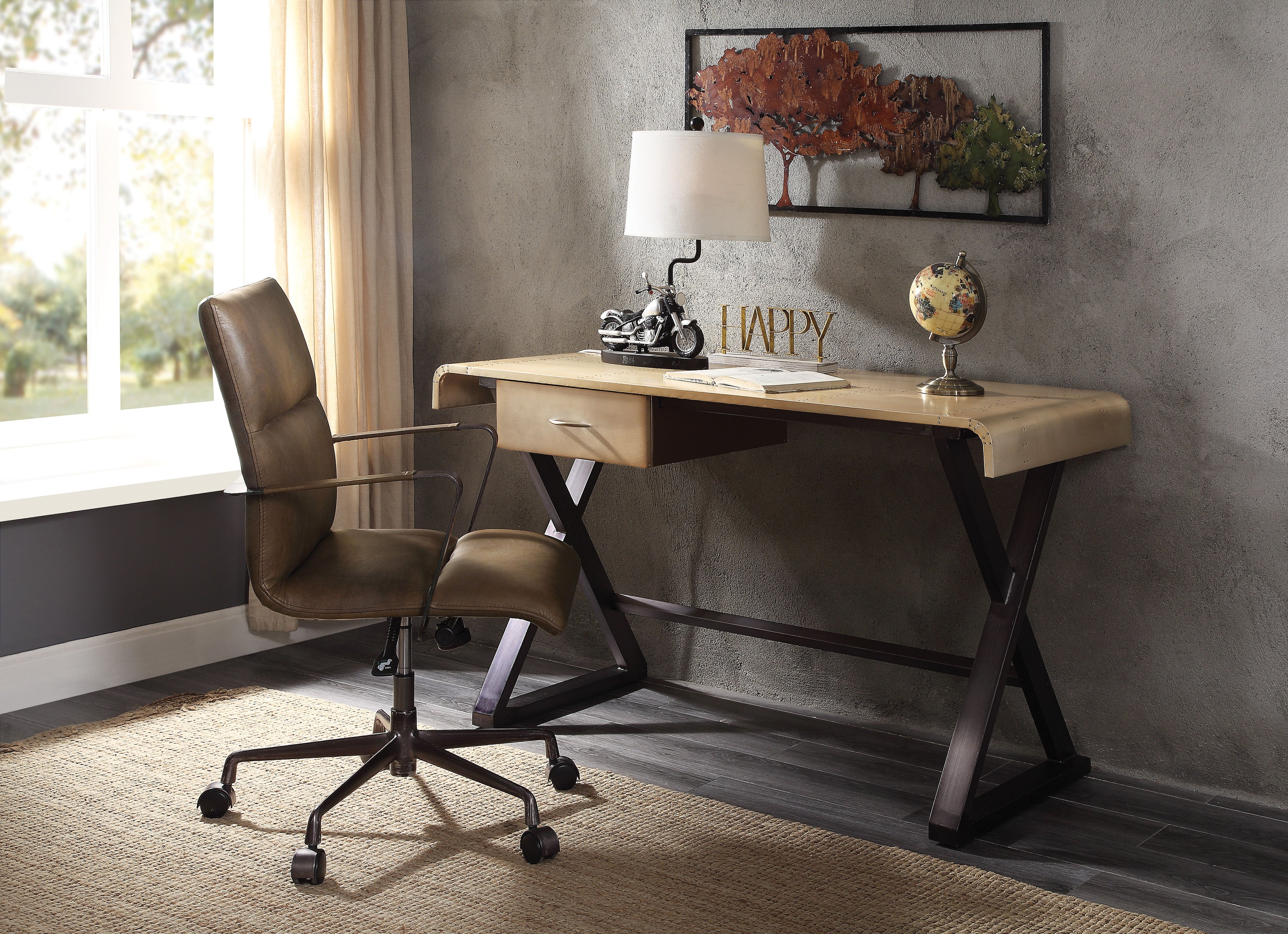 Danton - Aluminum Top Grain Leather Rectangular Writing Desk - Gold