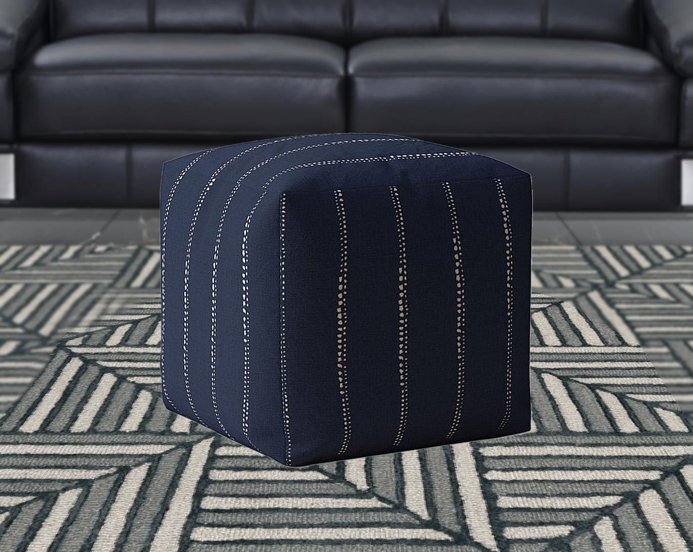 Cotton Striped Pouf Cover - Blue