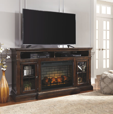 Roddinton - Dark Brown - 2 Pc. - 74" TV Stand with Electric Infrared Fireplace Insert by Signature Design by Ashley® | Bel Furniture