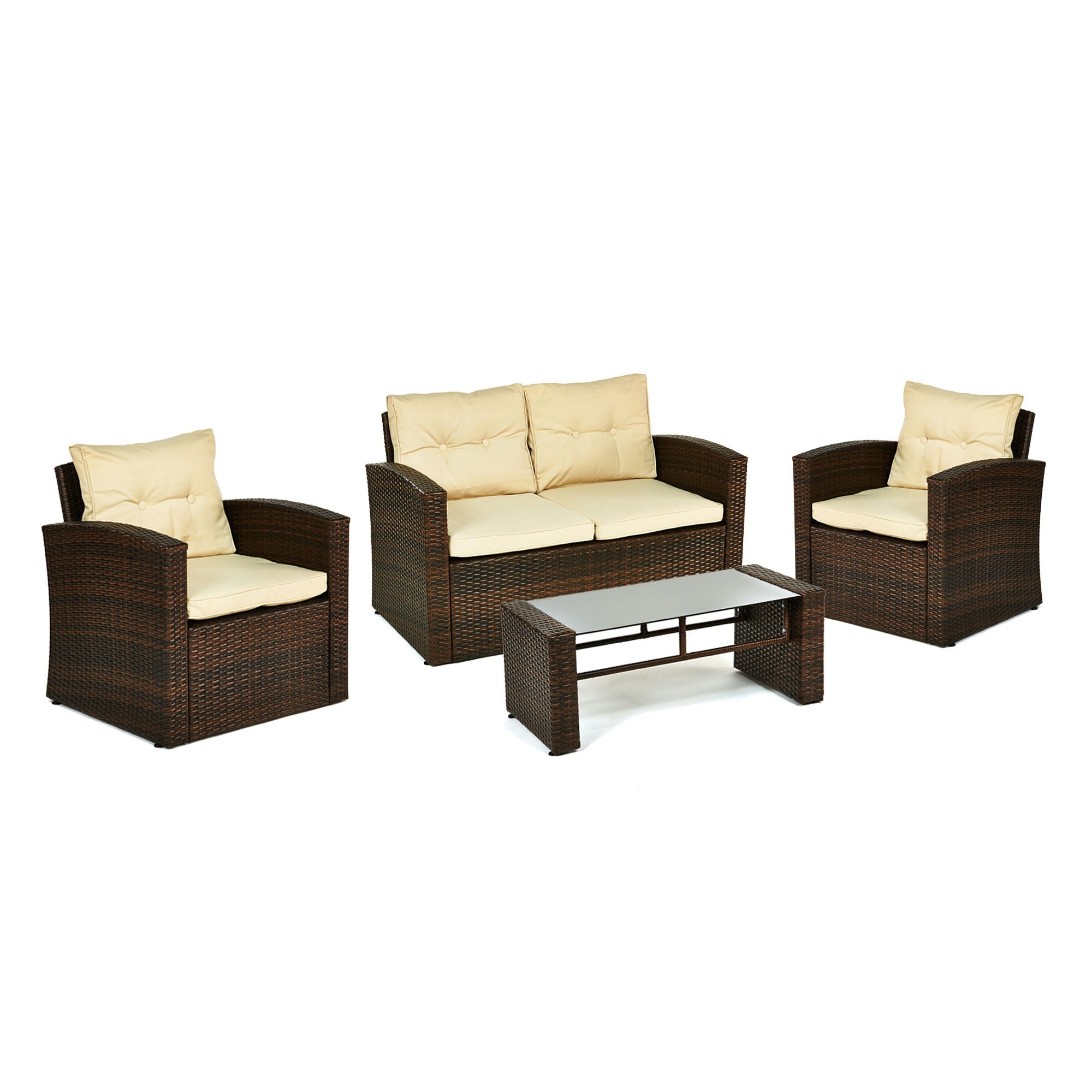 Four Piece Outdoor Wicker Sofa Seating Group With Beige Cushions - Brown