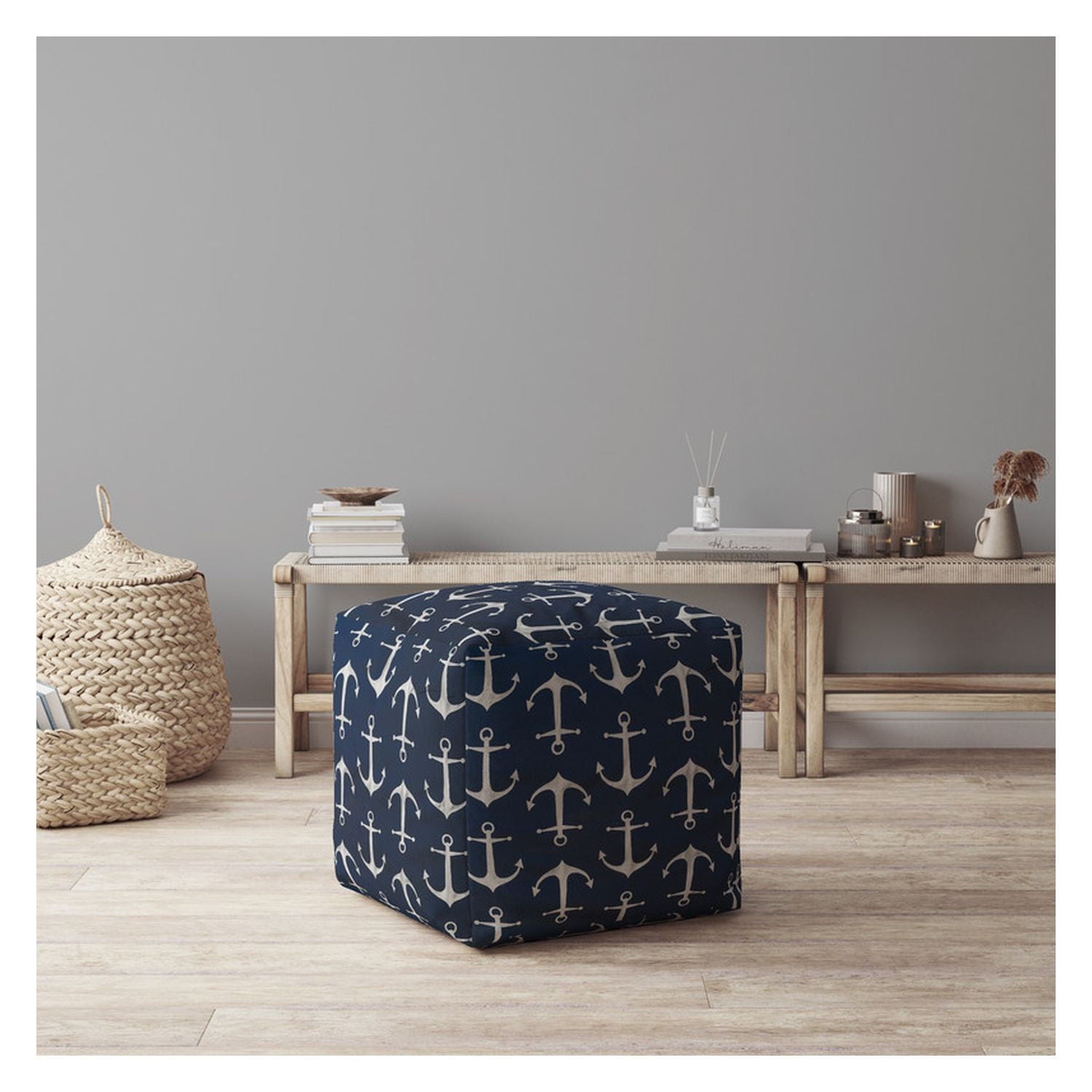 Twill Anchor Pouf Ottoman - Blue / Gray