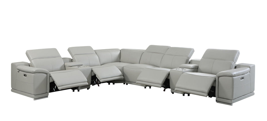 Italian Leather Power Reclining, U Shaped Eight Piece Corner Sectional With Console - Light Gray