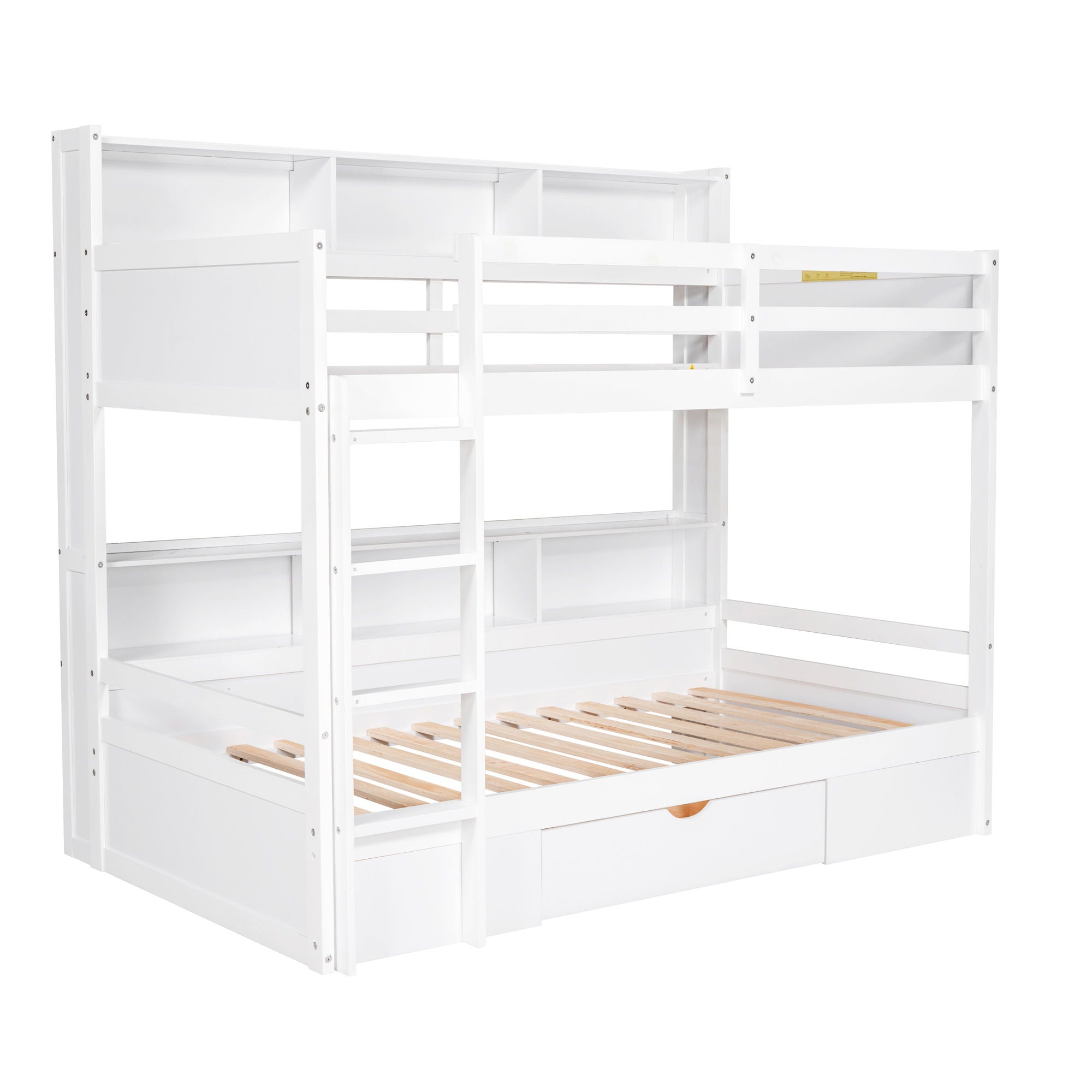 Twin Size Bunk Bed With Built-In Shelves Beside Both Upper And Down Bed And Storage Drawer