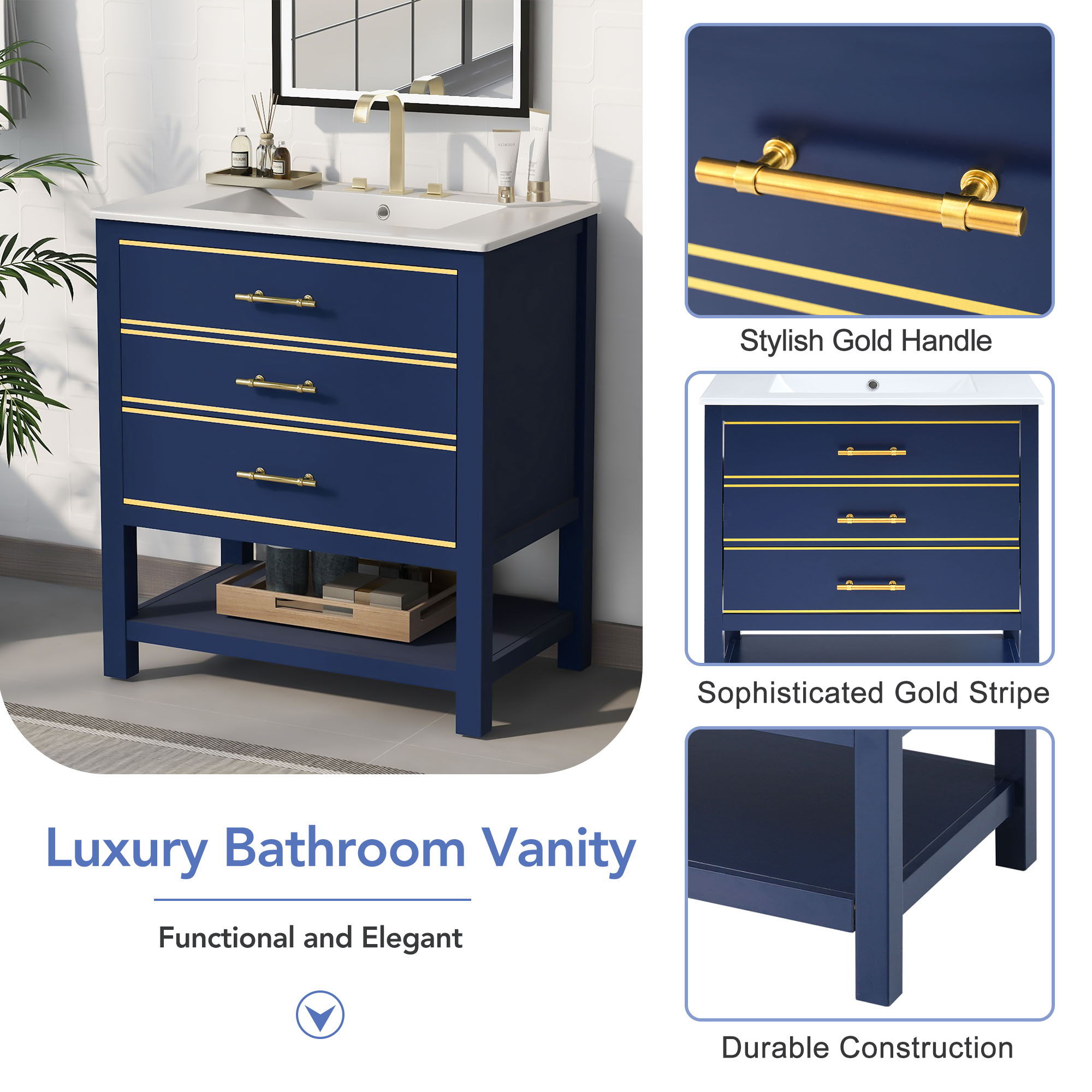 Modern Bathroom Vanity Cabinet Combo With Open storage, Two Drawers