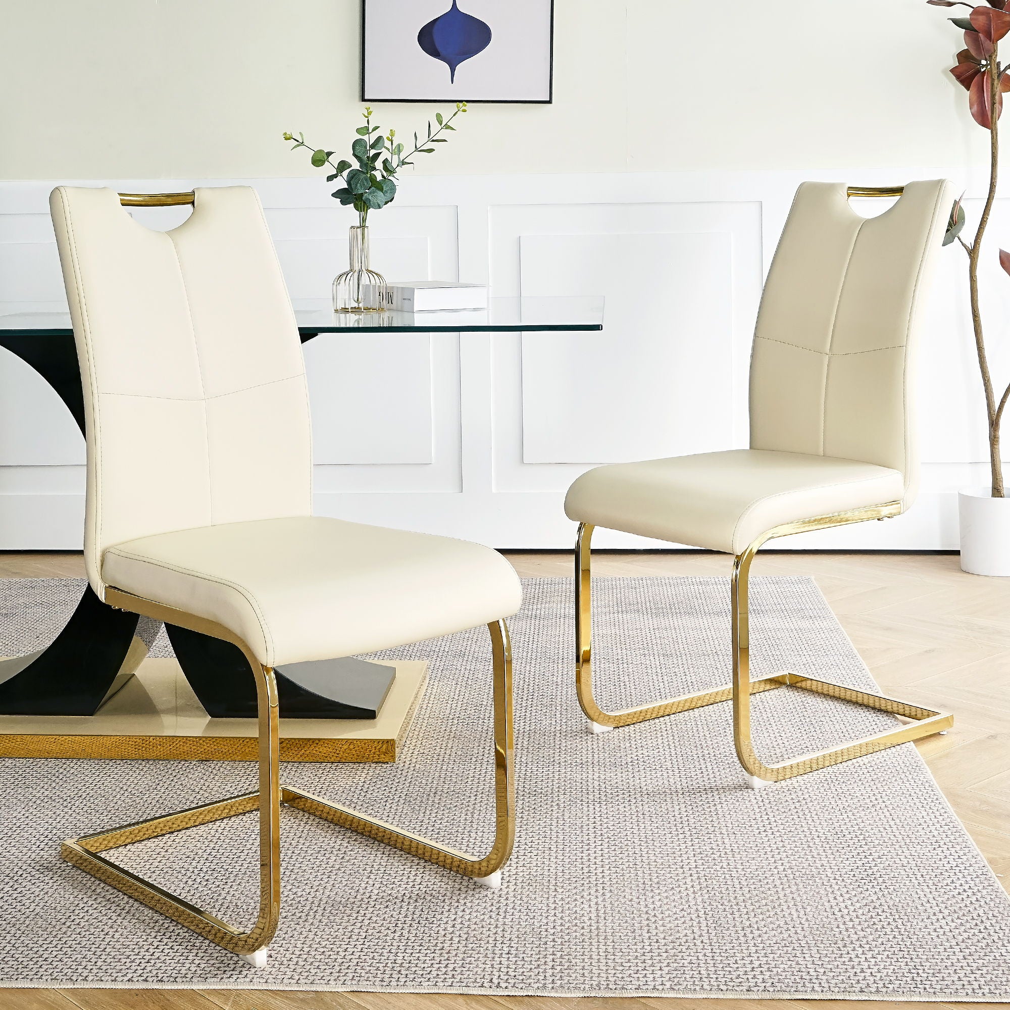 Modern Style Glass Dining Table With Elegant Transparent Design, Solid Support Base, Pale Yellow Dining Chair Set With Gold-Plated Legs, Suitable For Restaurant Kitchens