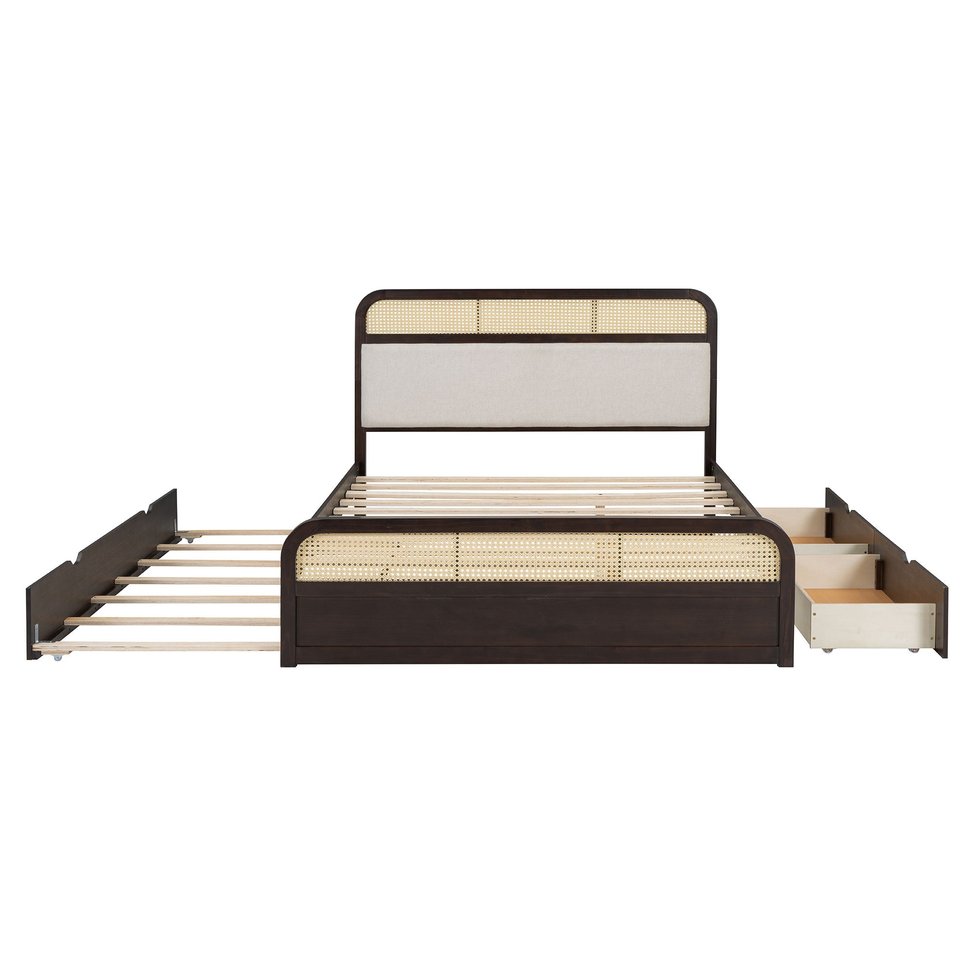 Wooden Platform Bed With Trundle And 2 Drawers