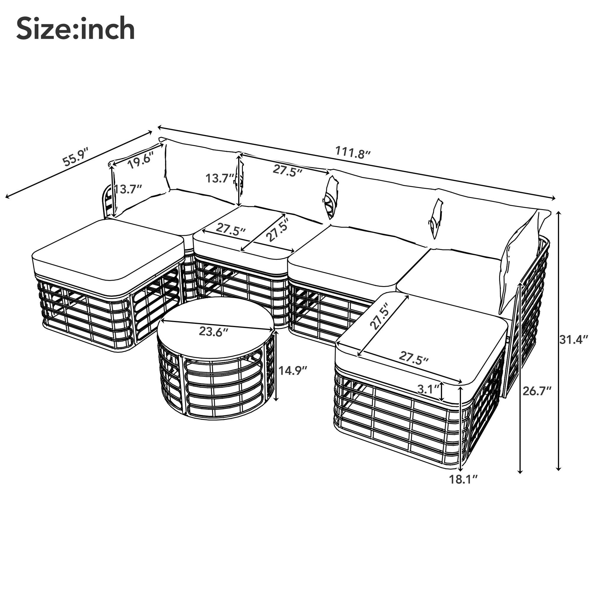 Outdoor Patio Furniture, All-Weather Rattan Sectional Sofa Set With Thick Cushions And Pillows, Freely Combined Conversation Sets For Garden, Backyard, Balcony