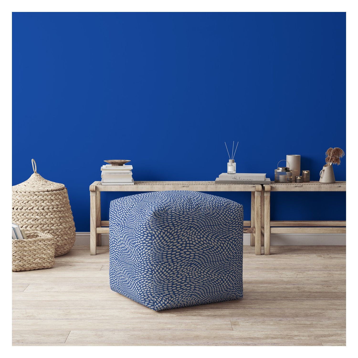 Canvas Polka Dots Pouf Ottoman - Blue / White