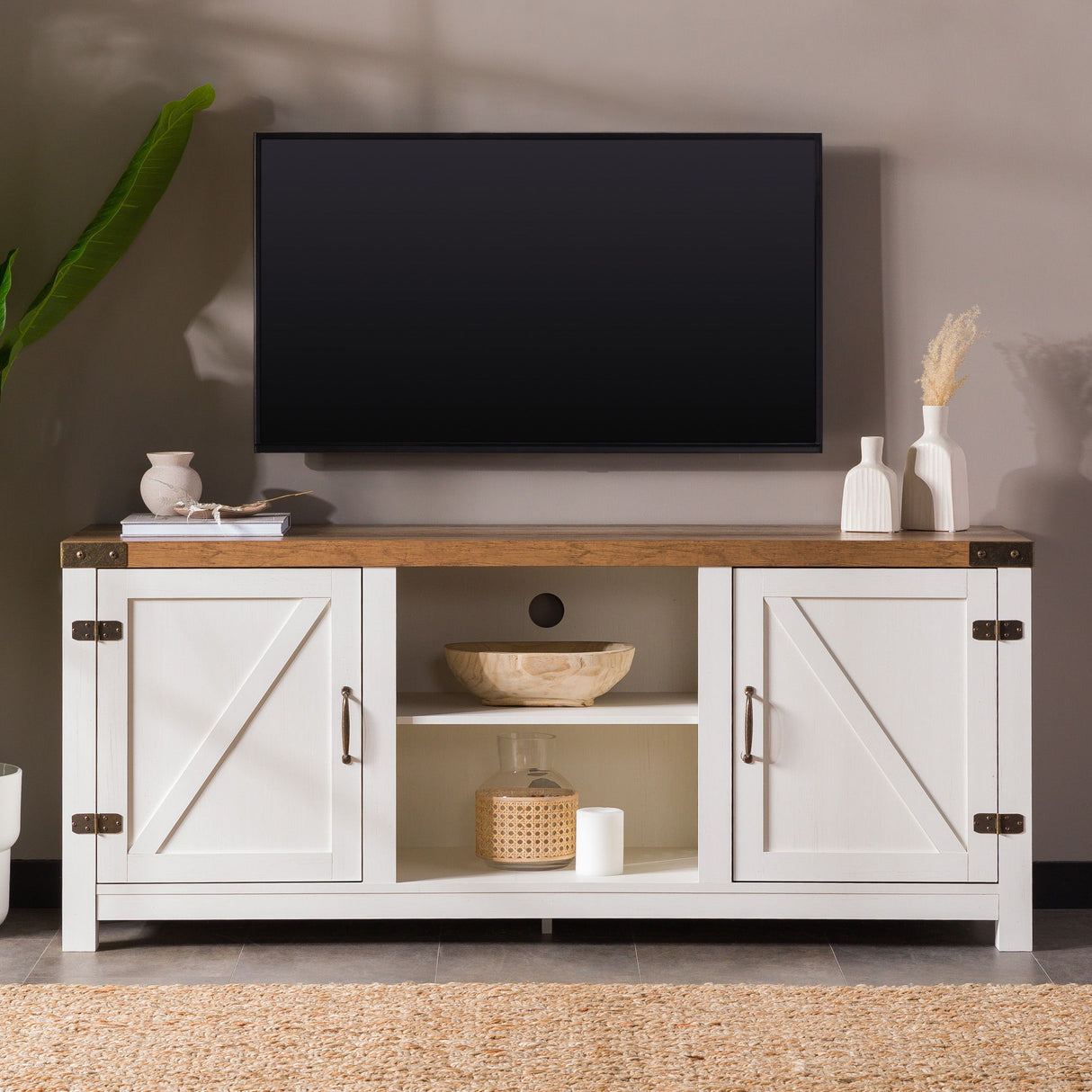 Modern Farmhouse Barn Door 3 Shelf TV Stand For TVs Up To 65” by Walker Edison | Bel Furniture