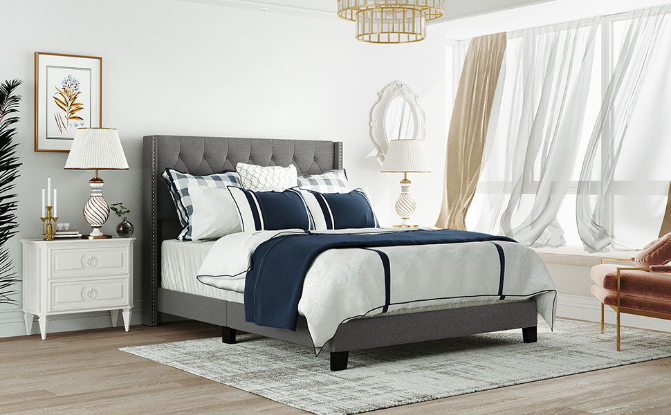 Upholstered Platform Bed With Classic Headboard, No Box Spring Needed