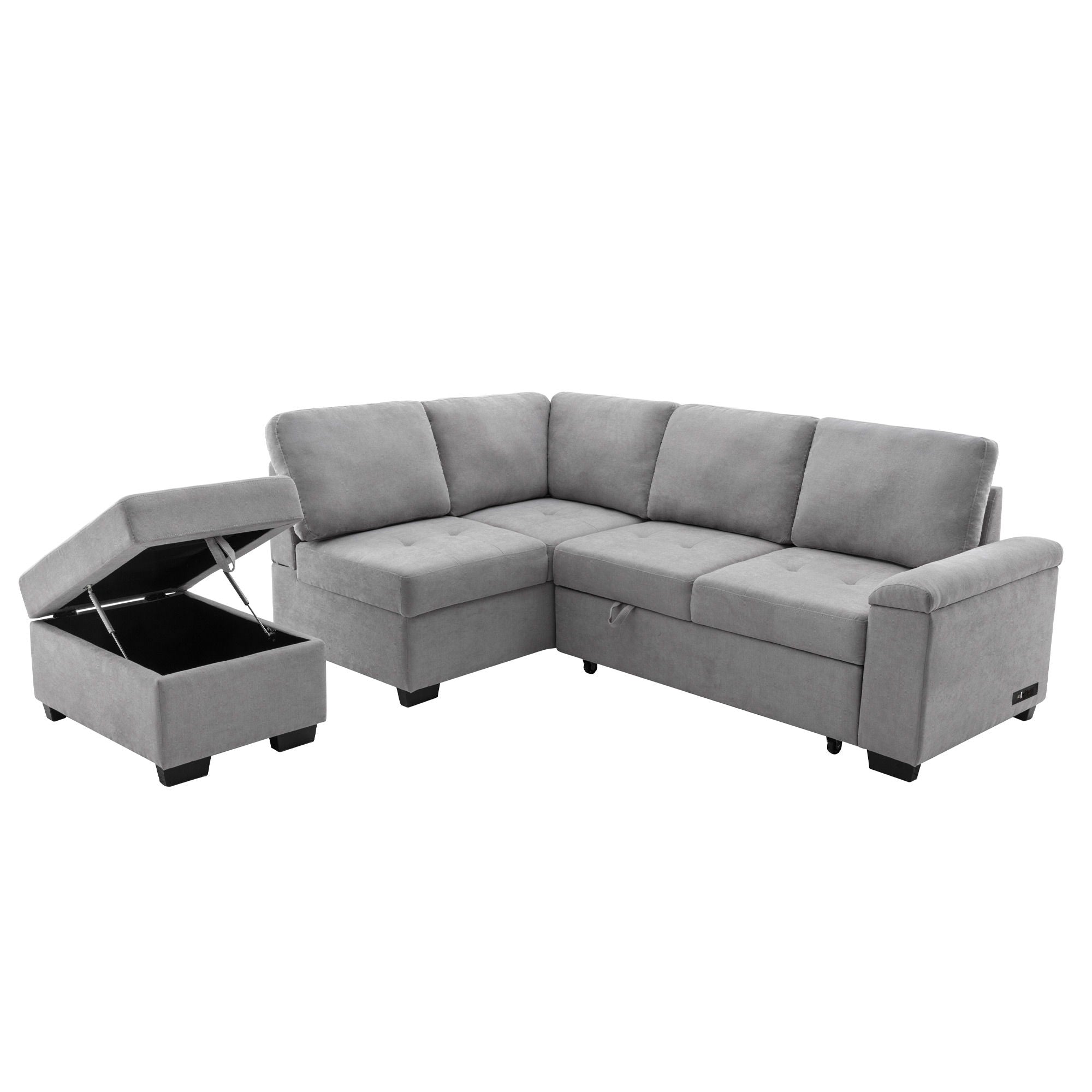 Sleeper Sectional Sofa, L-Shape Corner Couch Sofa Bed With Storage Ottoman & Hidden Arm Storage & USB Charge For Living Room Apartment