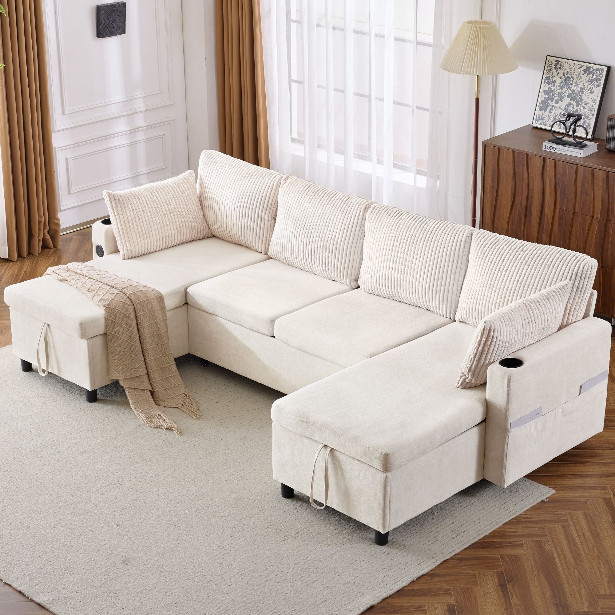 Sectional Sofa Pull Out Sofa Bed Versatile Sofa Sleeper With Large Storage Space, Two USB Ports And Two Cup Holders For Living Room