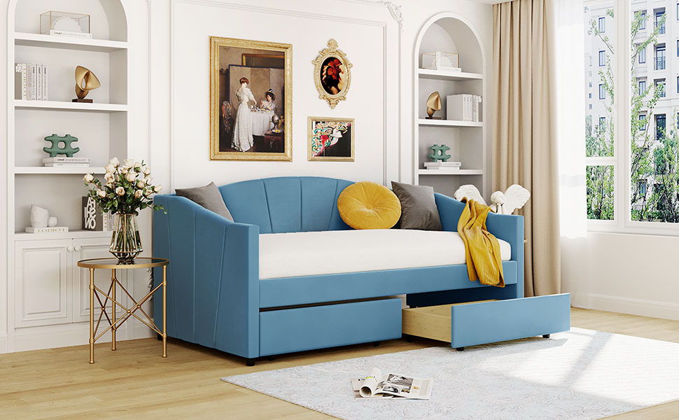 Upholstered Daybed With Two Drawers And Wood Slat