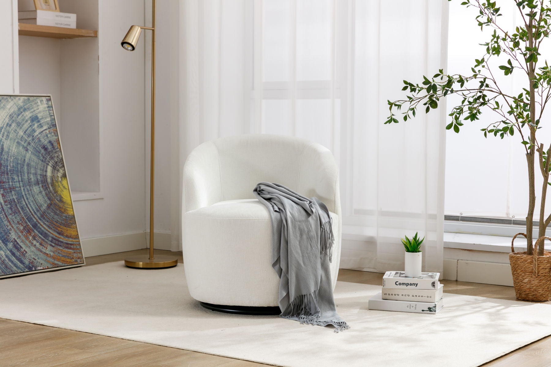 Chenille Fabric Swivel Accent Armchair Barrel Chair With Powder Coating Metal Ring