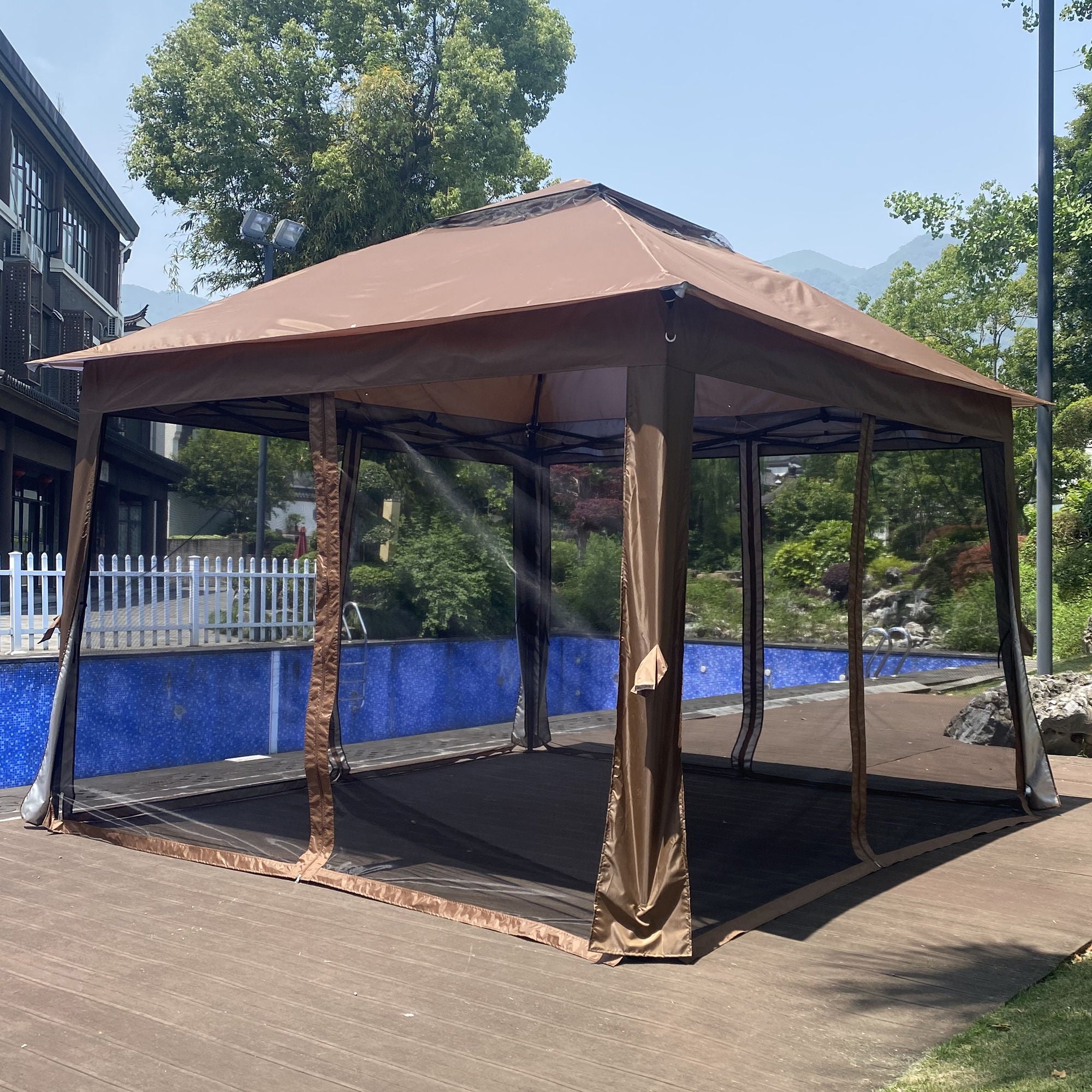 Outdoor 11X 11Ft Pop Up Gazebo Canopy With Removable Zipper Netting, 2 Tier Soft Top Event Tent, Suitable For Patio Backyard Garden Camping Area With 4 Sandbags - Brown