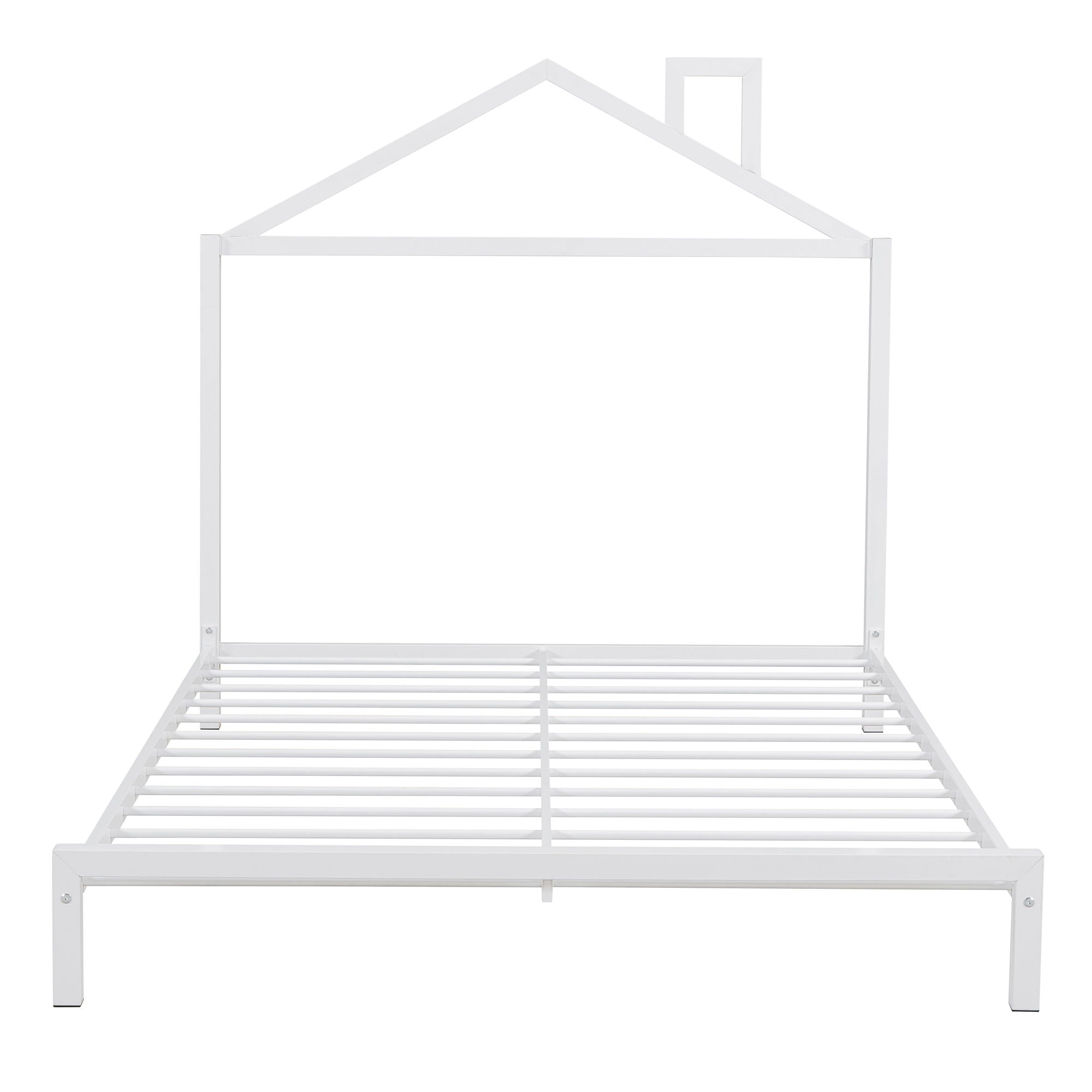 Full Size Metal Platform Bed With House-Shaped Headboard Design