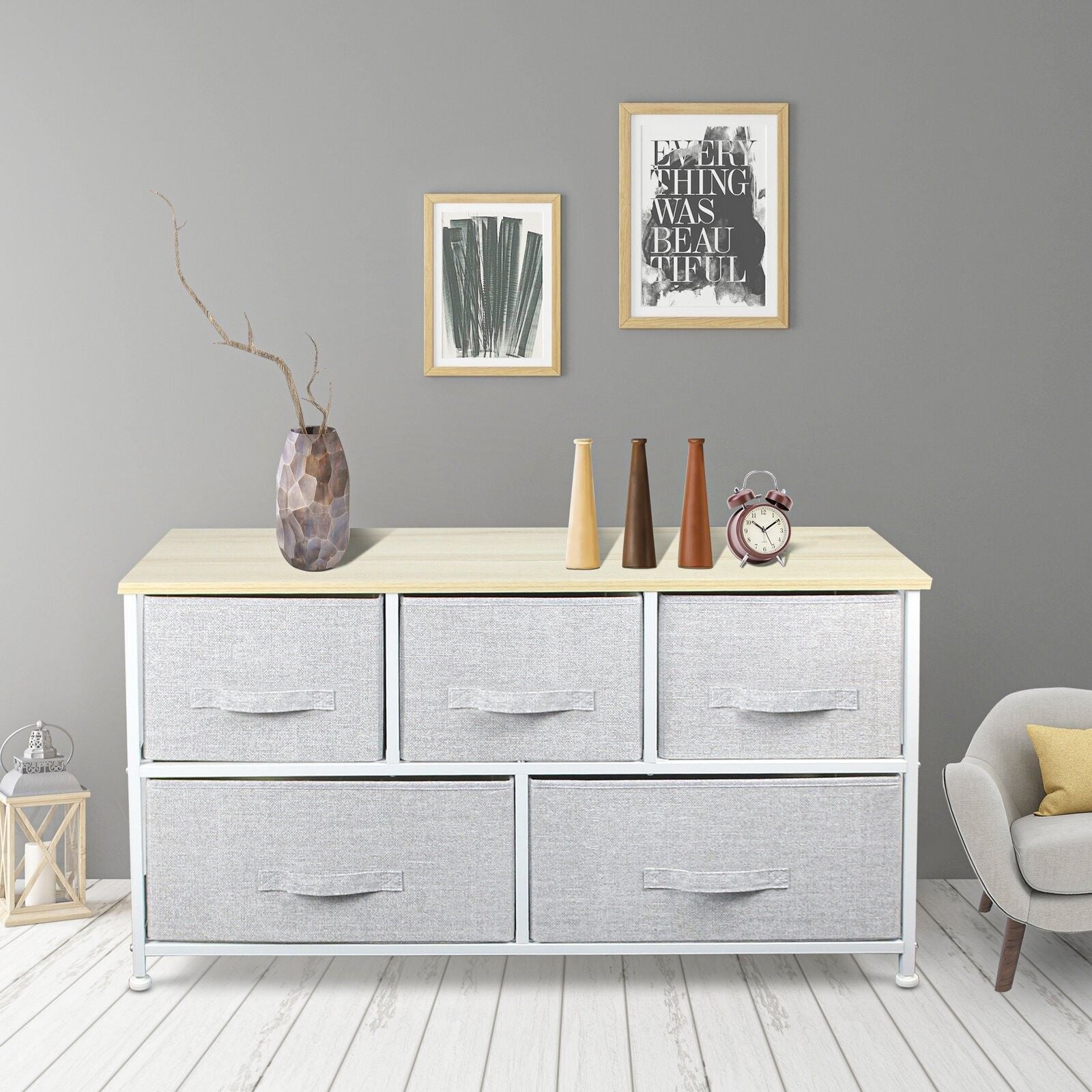 Steel And Fabric Five Drawer Dresser - Gray / White