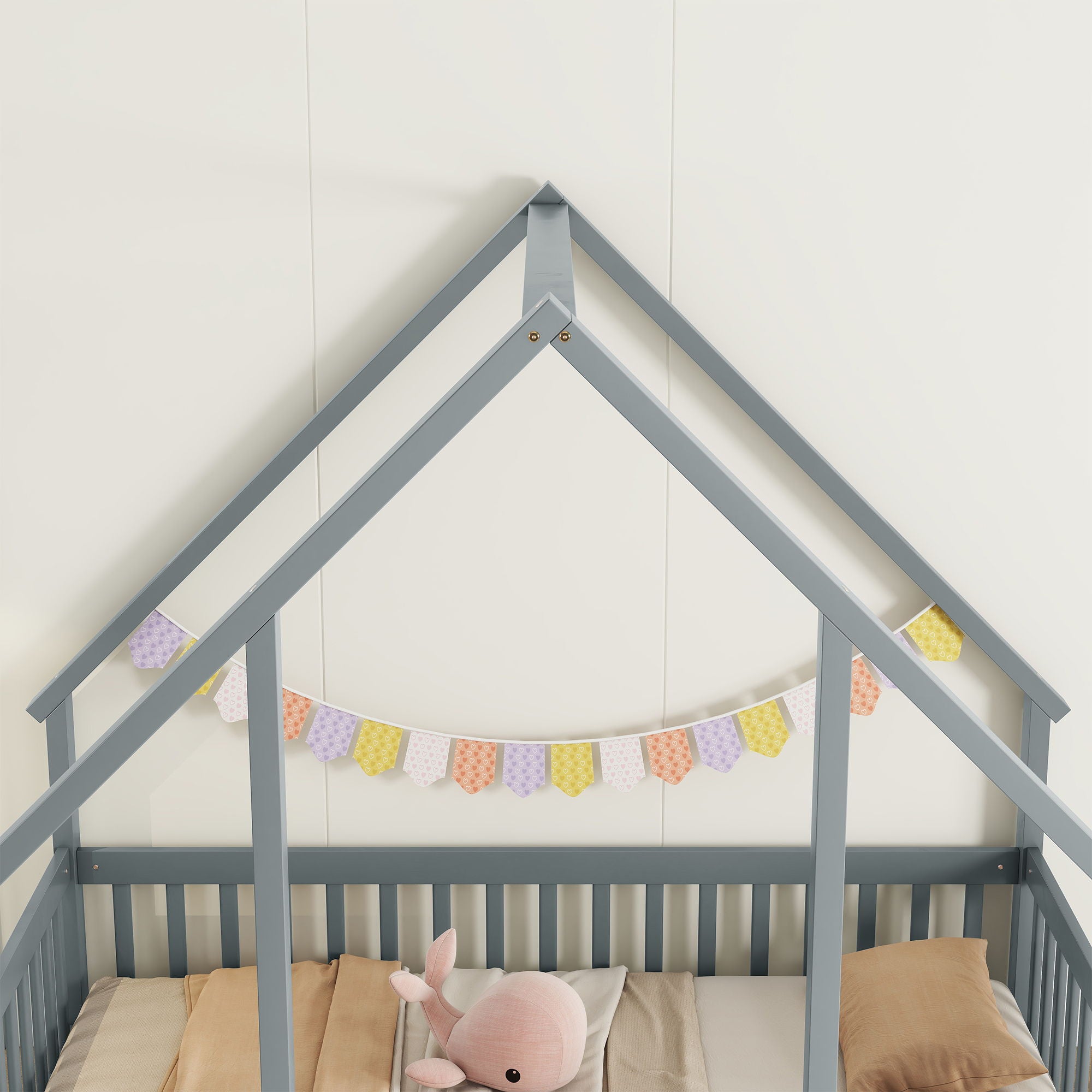 Wood House-Shaped Floor Bed With Fence, Guardrails