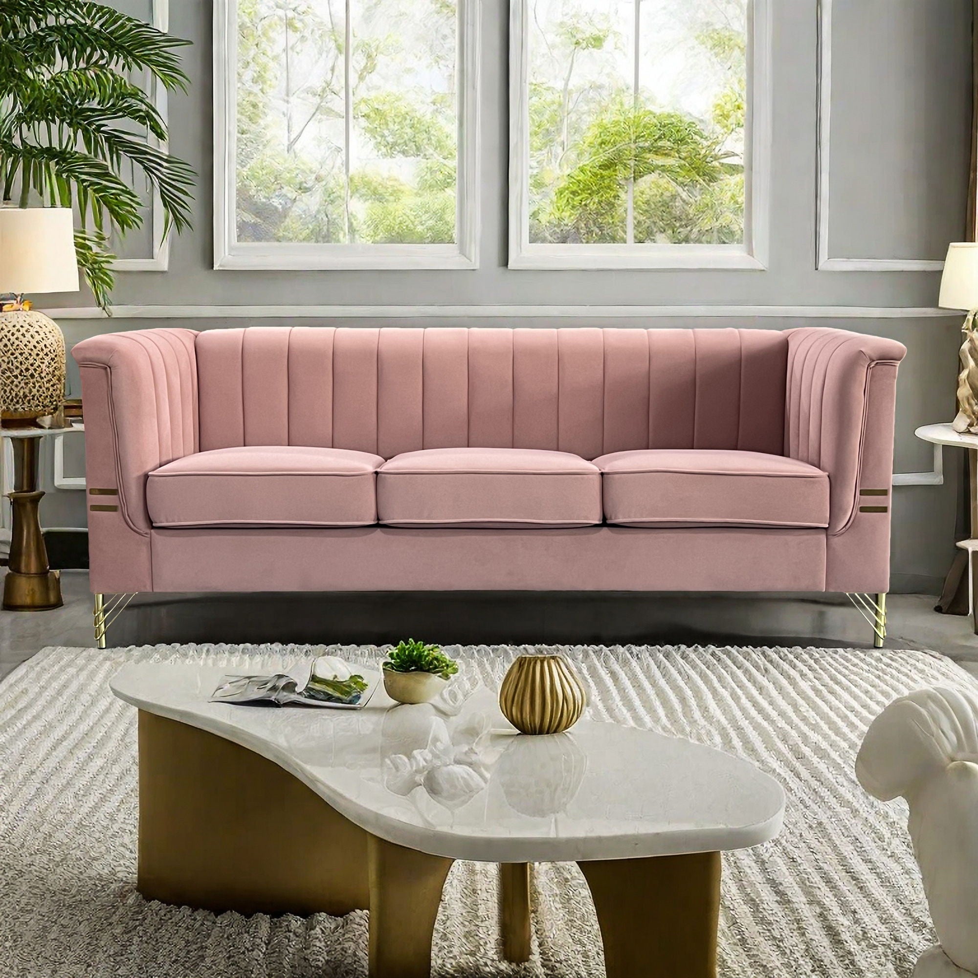 Modern Chenille Sofa, Upholstered Couch With Bolster Armrest, 3-Seat Sofa For Living Room, Bedroom, Office, Apartment, Dorm