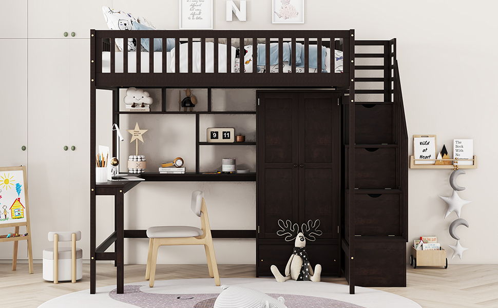 Full Size Loft Bed With Bookshelf, Drawers, Desk, And Wardrobe