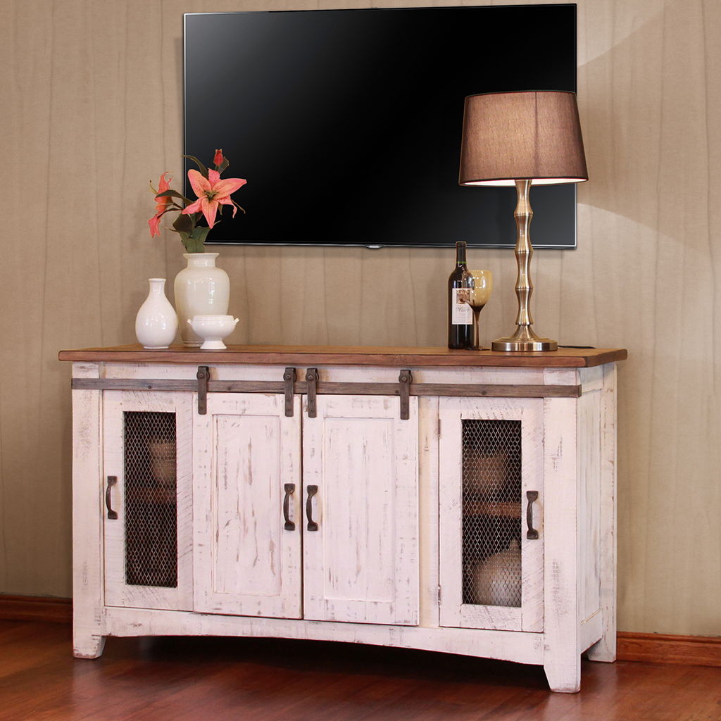 Cabinet Enclosed Storage Distressed TV Stand - White